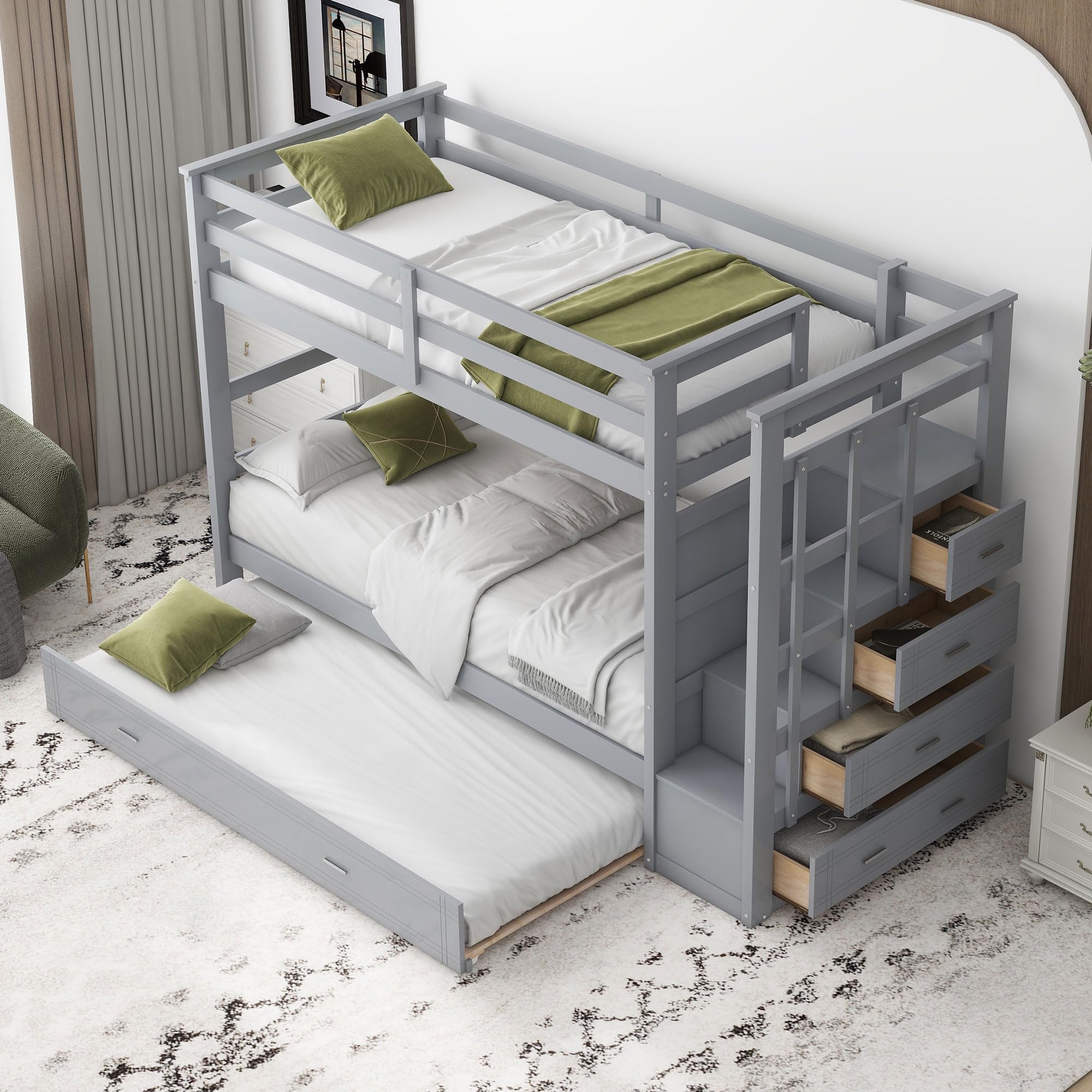 Harper & Bright Designs Twin Over Twin Wooden Bunk Beds with Trundle & Storage Drawers - Staircase Bunk Bed Frame with High Safety Guardrail for Kids, Teens & Adults (Grey) - Perfect for Small Bedrooms, Guest Rooms & Vacation Homes
