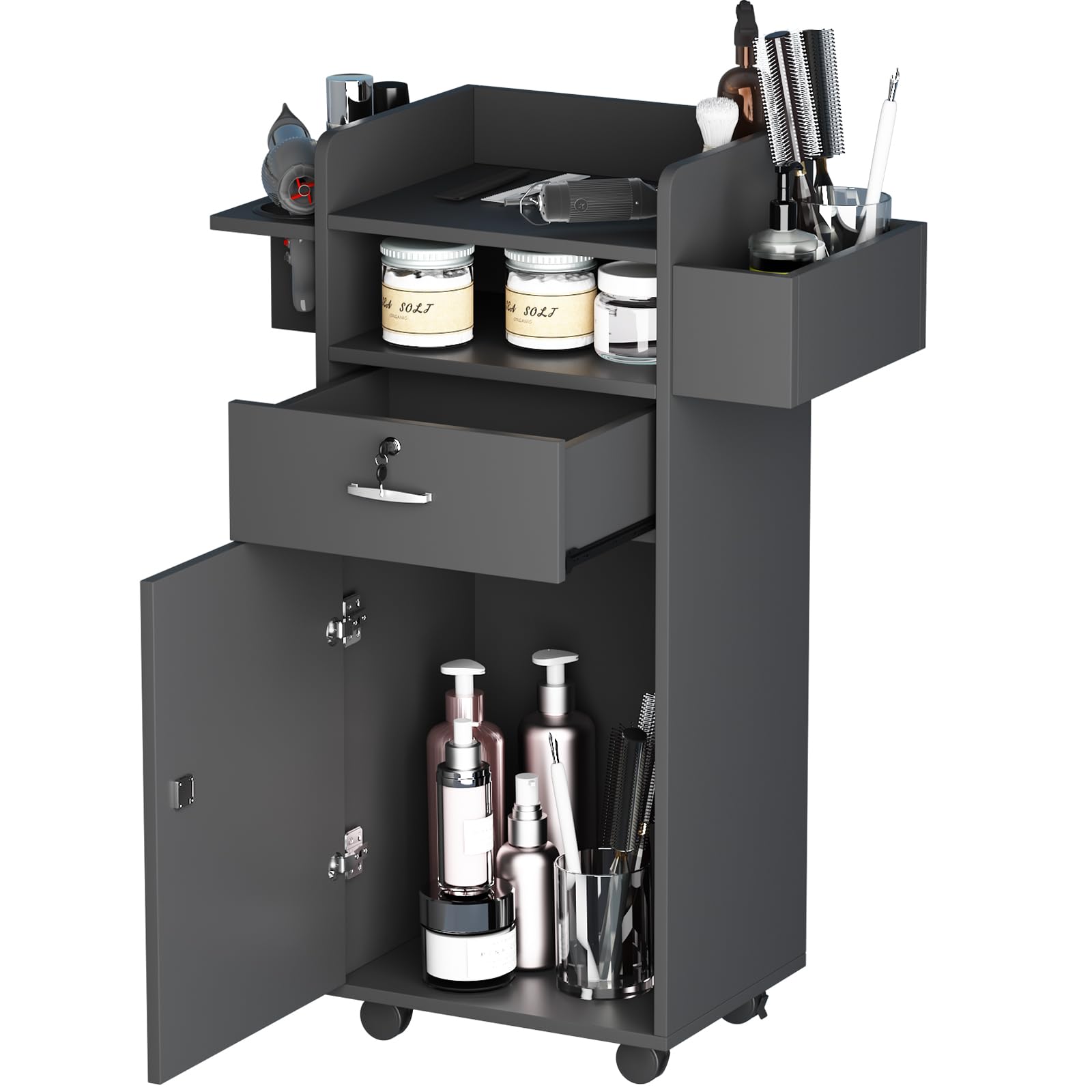 Professional Salon Station Cart with Locking Drawers & 3 Tool Holsters - Versatile Mobile Storage Trolley for Hair Stylists, Home Salons & Spas (15.7