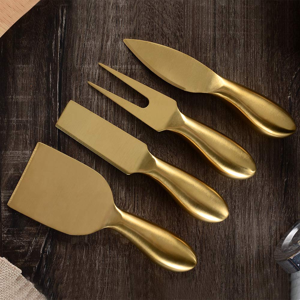 4-Piece Stainless Steel Cheese Knife Set - Cheese Shaver, Spreader, Knives & Fork - Butter Cutter for Cream, Jam, Pizza - Perfect for Charcuterie Boards, Wine Parties & Gourmet Cooking