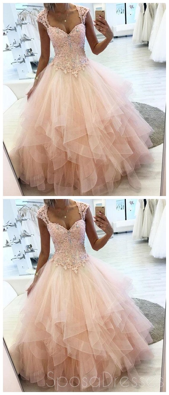Elegant Cap Sleeves Peach Ball Gown with Lace & Beaded Details - Long Evening Prom Dress for Sweet 16, Homecoming & Formal Events | Style 18431