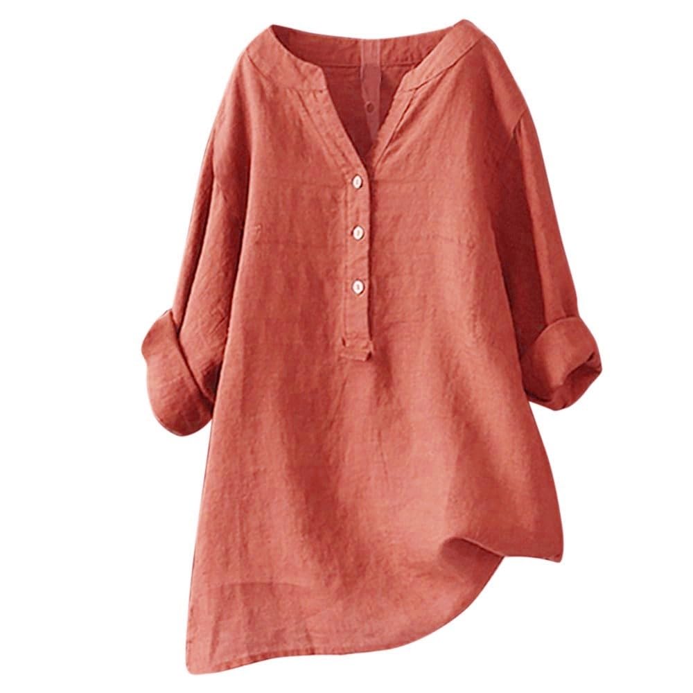Women's Casual V-Neck Button Down Shirts - Loose Fit Cotton Linen Henley Tops with Roll Up Sleeves | Perfect for Everyday Wear, Weekend Outings & Layering