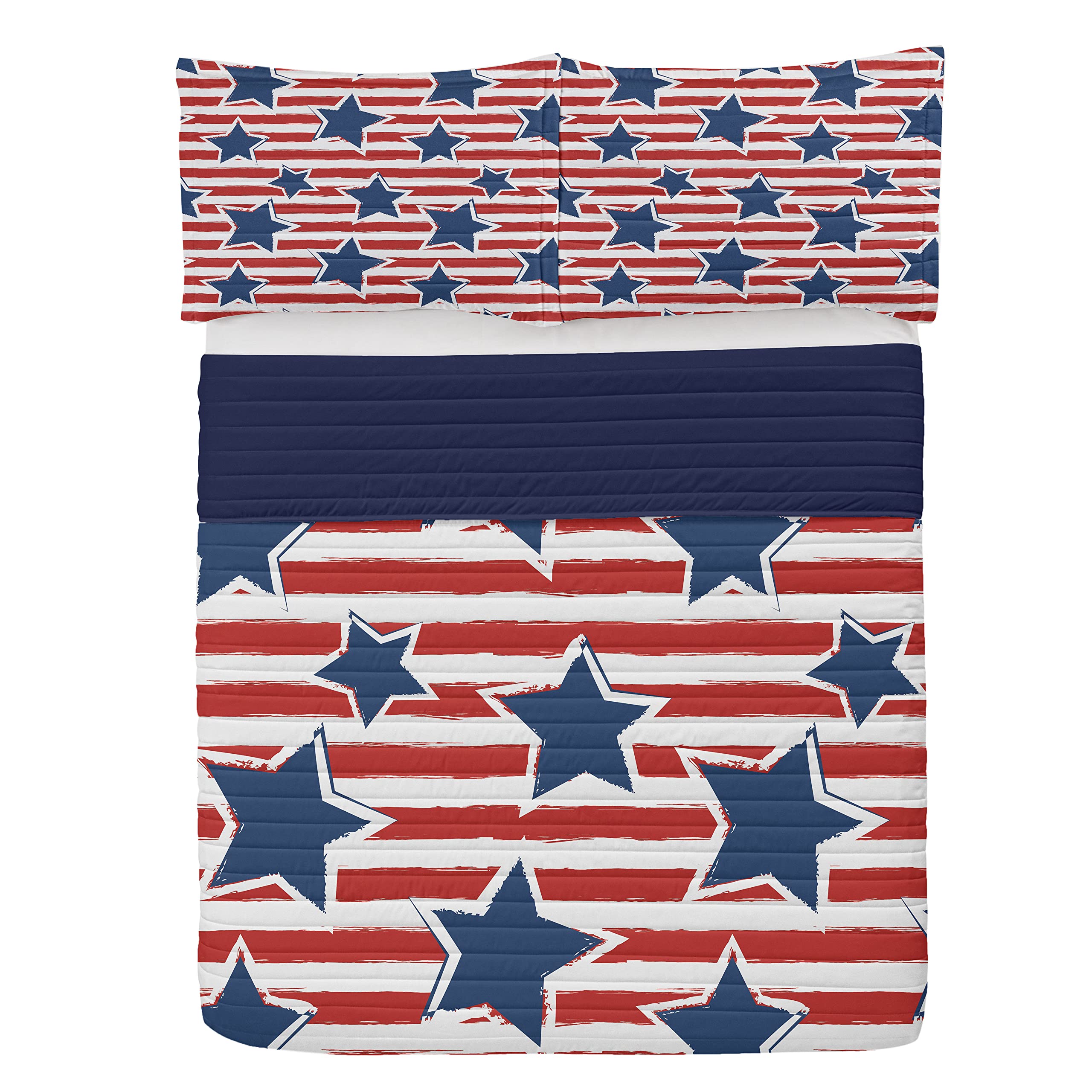 Lunarable Star Microfiber Bedspread Set - USA Patriotic Stars & Stripes Design for Queen Size Bed, Soft Comforter with Matching Pillow Shams in Navy Blue & Red | Perfect for Independence Day Decor, National Celebration Parties & Americana Themed Bedrooms