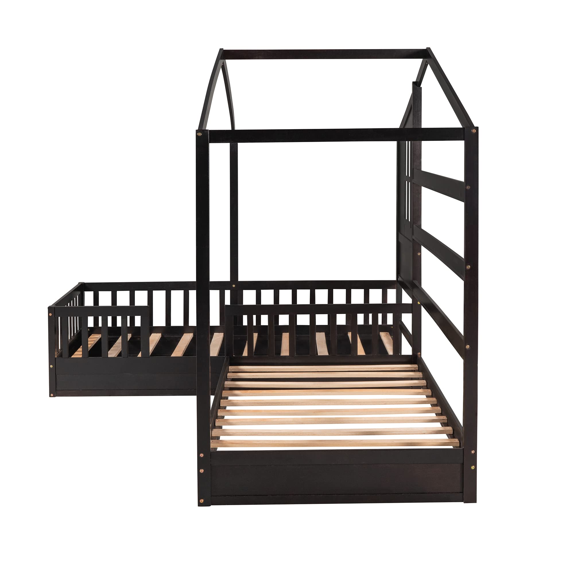 Bellemave L-Shaped Twin Bed Frame with Roof - Solid Wood Corner House Bed for Kids, Espresso Finish - Perfect for Small Spaces & Shared Kids' Rooms