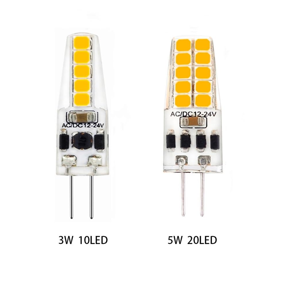 Fengyan Home 5-Pack G4 LED Bulbs AC/DC 12-24V - Warm White/Cool White/Natural White - 3W (10 LED) & 5W (20 LED) - Energy Saving 360° Silicone Light - Halogen Replacement for Home, Kitchen, RV, Boat, and Cabinet Lighting