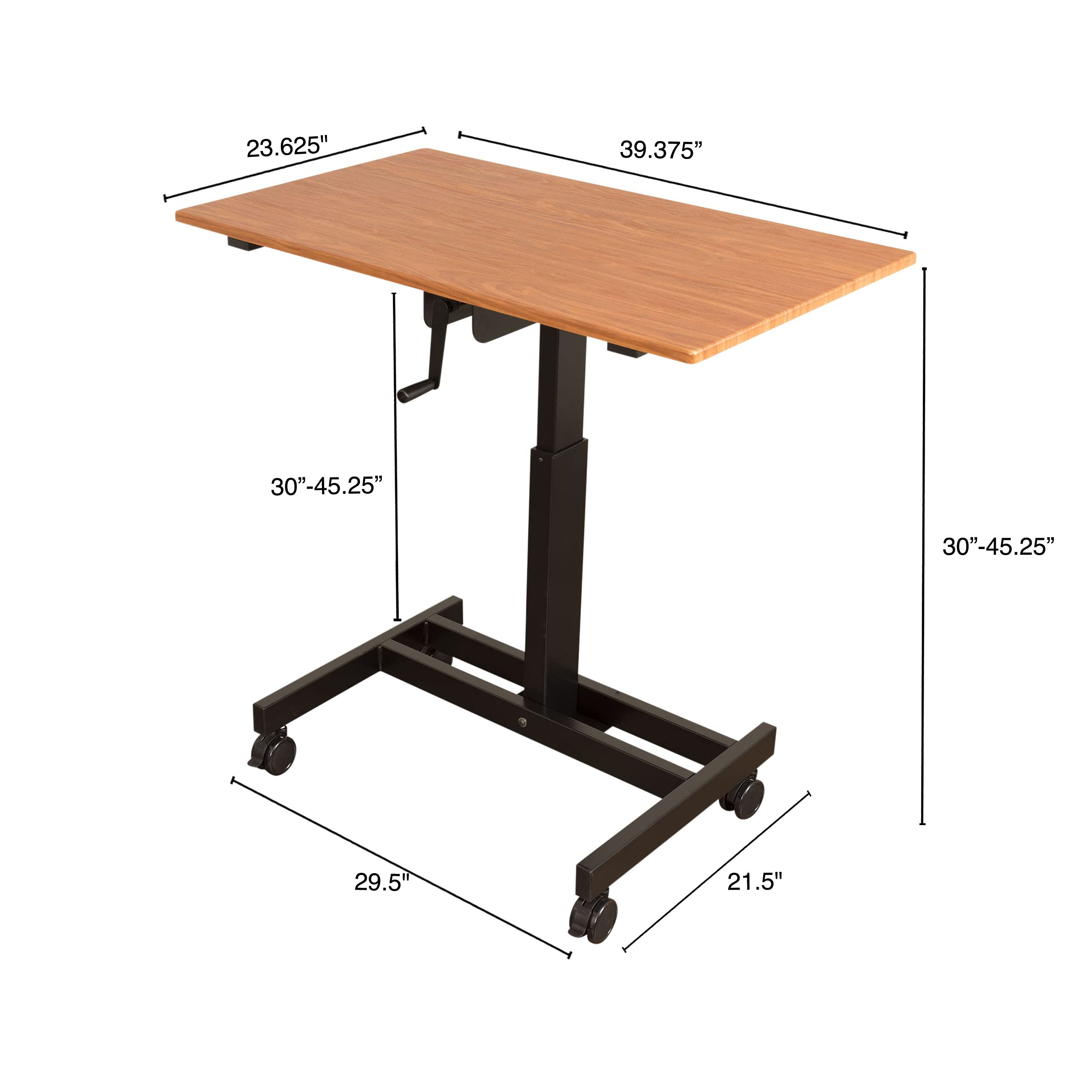 Adjustable Height Rolling Standing Desk with Crank - Single Column Mobile Workstation (Black Frame/Teak Top, 40