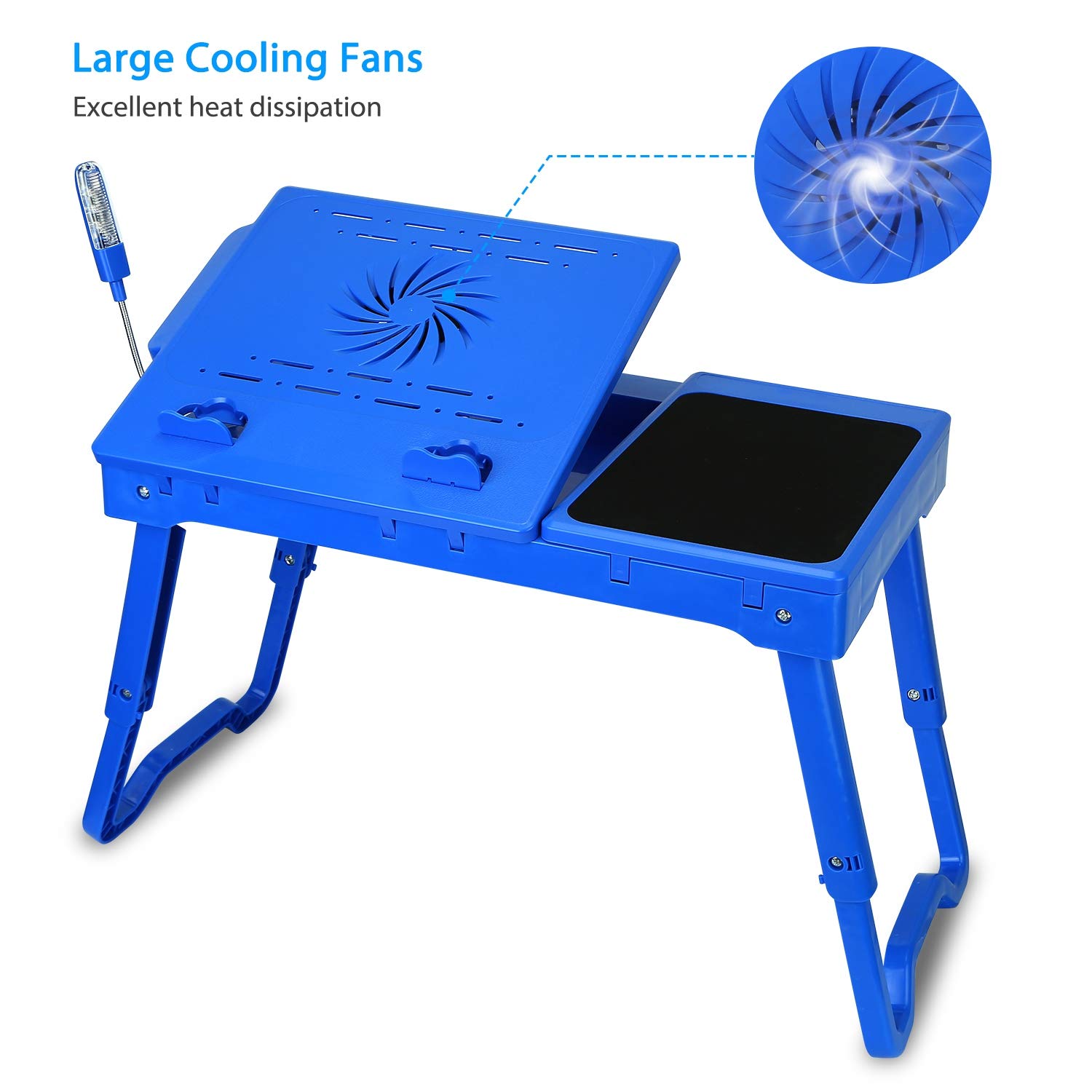 Adjustable Laptop Bed Desk with Cooling Fan, 4 USB Ports & LED Light - Foldable Portable Lap Stand for Sofa, Couch or Bed - Includes Storage Drawer & Mouse Pad (Blue) - Perfect for Home Office, Gaming & Binge-Watching in Bed