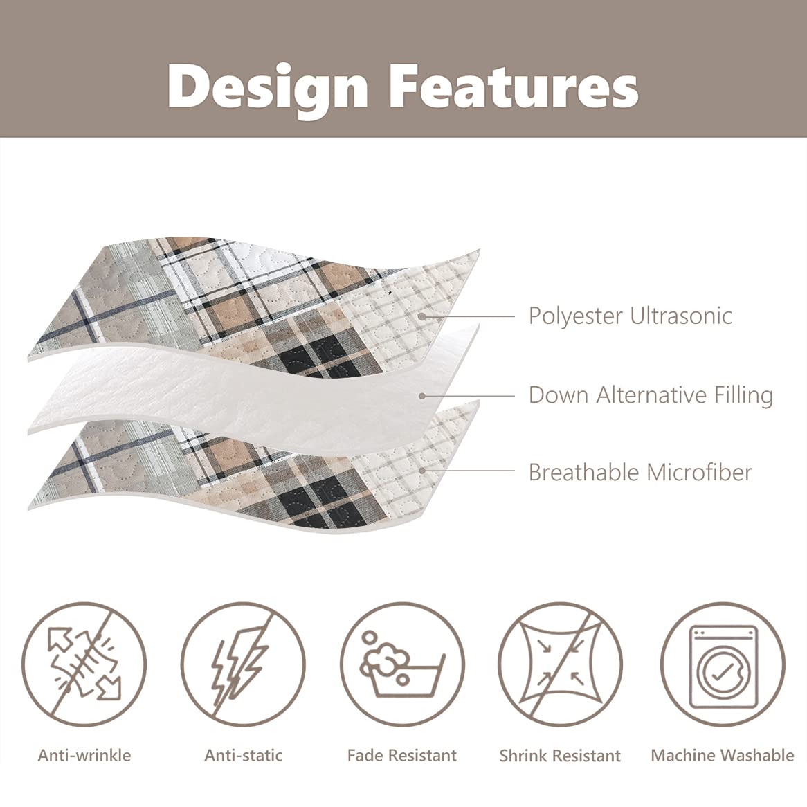 3 Pcs Plaid King Quilt Bedding Set - Lightweight Breathable Gingham Patchwork Coverlet with 2 Pillow Shams, Brown & Gray Checkered Bedspread for Summer | Perfect for Guest Rooms, Master Bedrooms & Cozy Home Decor
