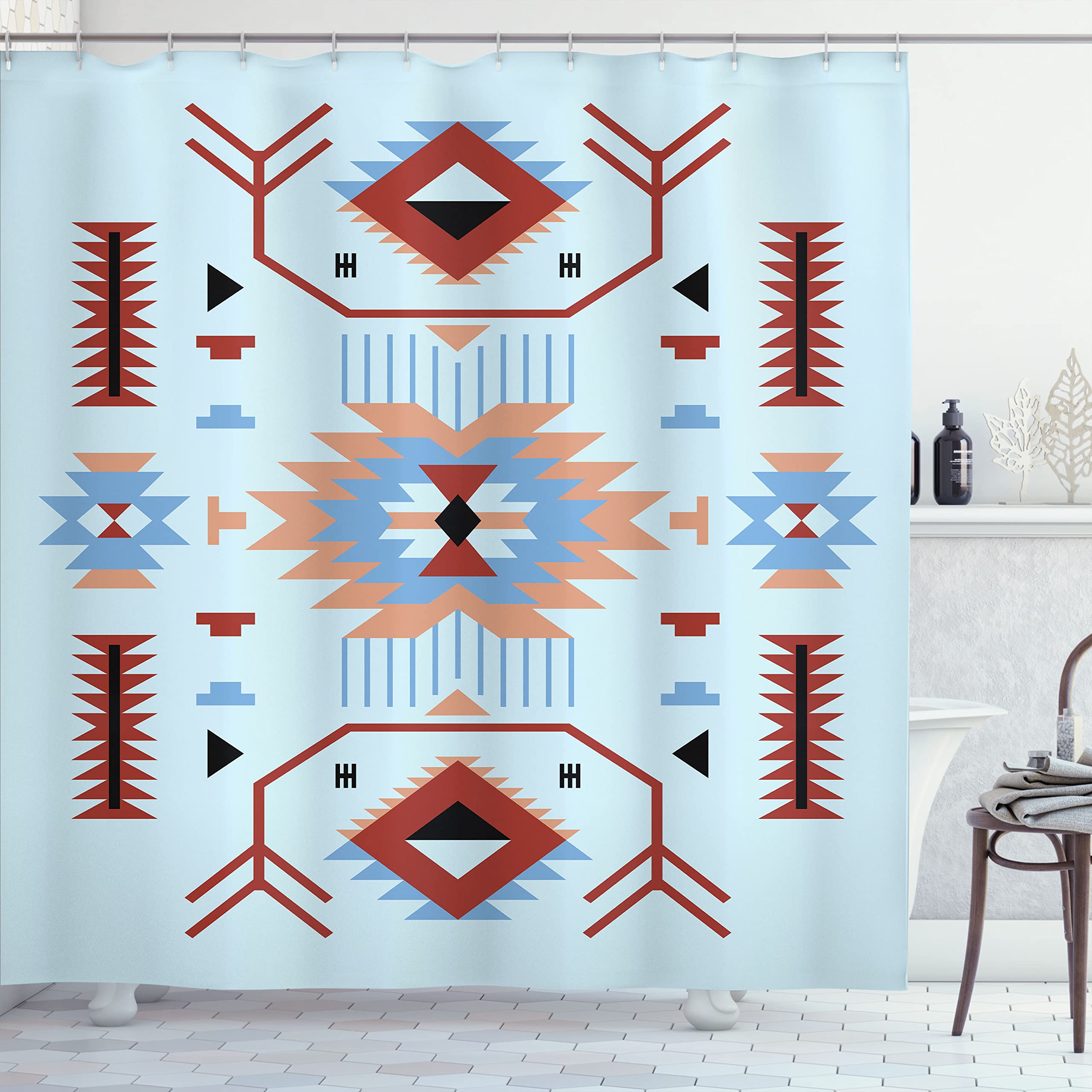Ambesonne Southwestern Shower Curtain - Ethnic Zigzag Triangle Design Bathroom Decor, 69x70 Inch Pale Blue Fabric Set with Hooks | Perfect for Boho, Western & Southwestern Style Bathrooms