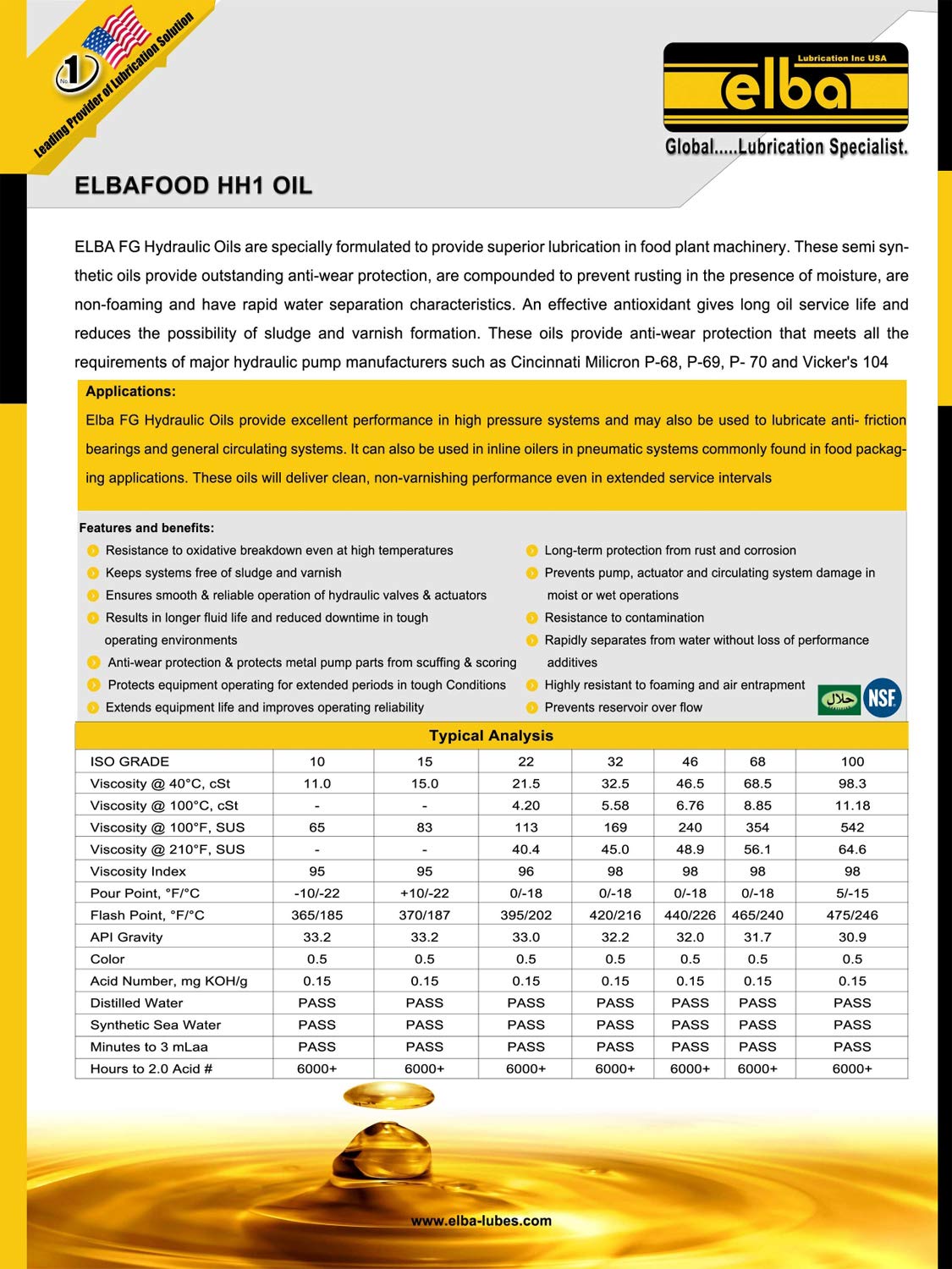 Food Grade Hydraulic Oil 46 | NSF H-1 Registered Semi-Synthetic Hydraulic Fluid | Kosher & Halal Certified | 1 Gallon | Ideal for Food Processing Equipment, Hydraulic Systems & Industrial Machinery | Comparable to LUBRIPLATE & Petro-Canada