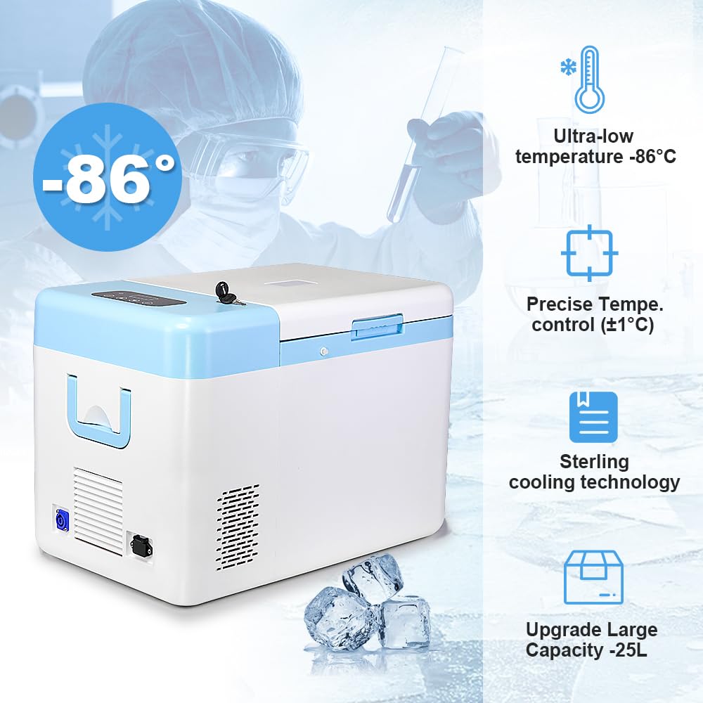 Portable Ultra-Low Temperature Freezer (-86°C to 18°C/-122.8°F to 64.4°F) for Lab Sample Storage | 12V-240V Compatible Cryogenic Freezer with 38LB Capacity | Ideal for Laboratory, Medical, and Research Sample Preservation