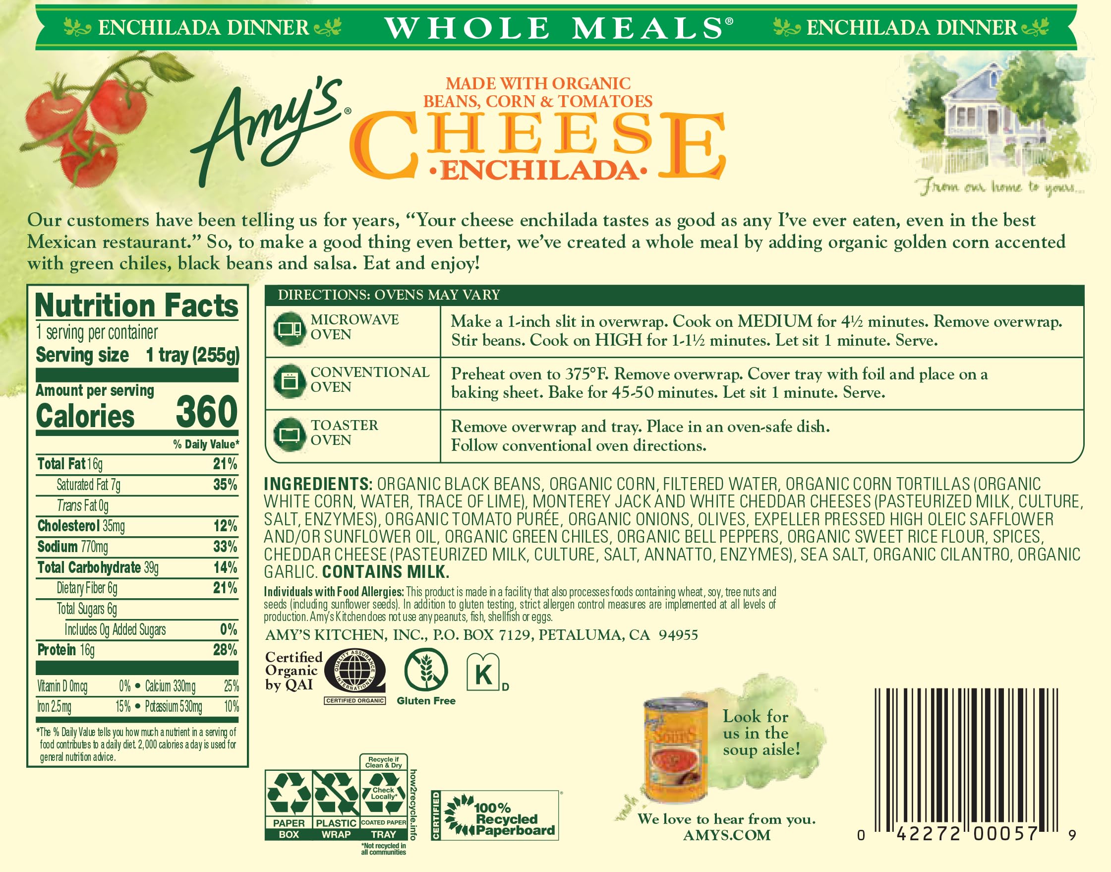 Amy's Organic Cheese Enchilada Frozen Meal - Gluten Free Microwave Dinner with Black Beans & Corn - 9oz Pack - Quick Healthy Lunch or Busy Weeknight Dinner Solution
