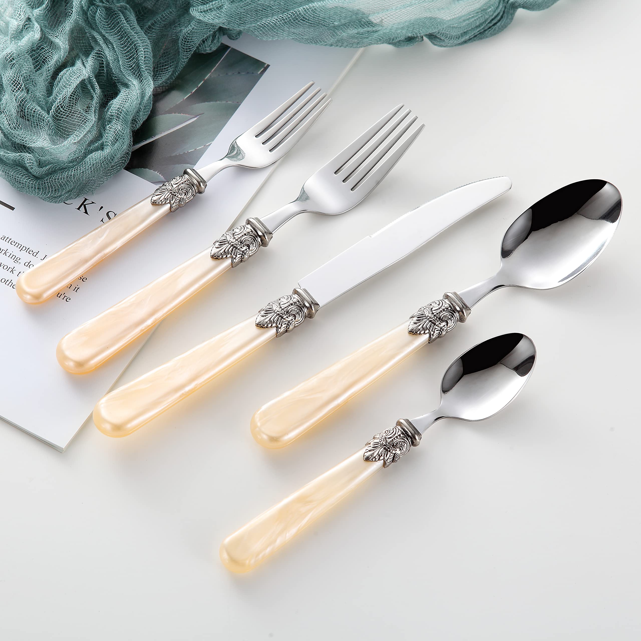 REVERIE 18/10 Stainless Steel Vintage Flatware Set - 30-Piece Silverware Set with Champagne Finish | Dishwasher Safe | Elegant Dining for Weddings, Parties & Formal Occasions