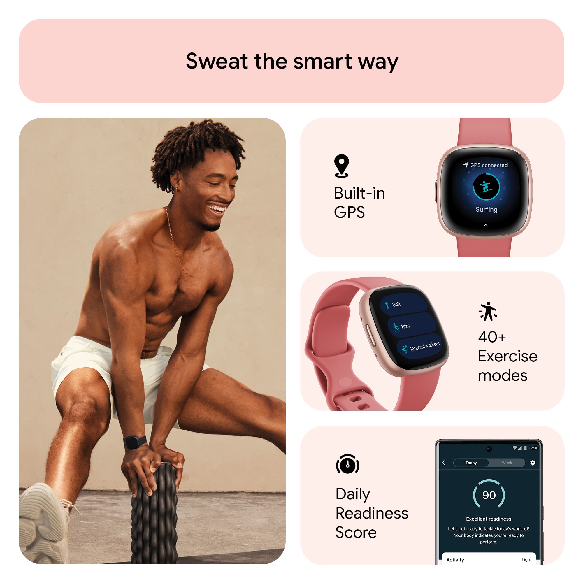 Fitbit Versa 4 Smart Watch for Women & Men - GPS Fitness Tracker with Heart Rate Monitor, Sleep Tracking, 40+ Exercise Modes & Daily Readiness Score - Pink Sand/Copper Rose (Includes S & L Bands) - Perfect for Running, Swimming & Active Lifestyle