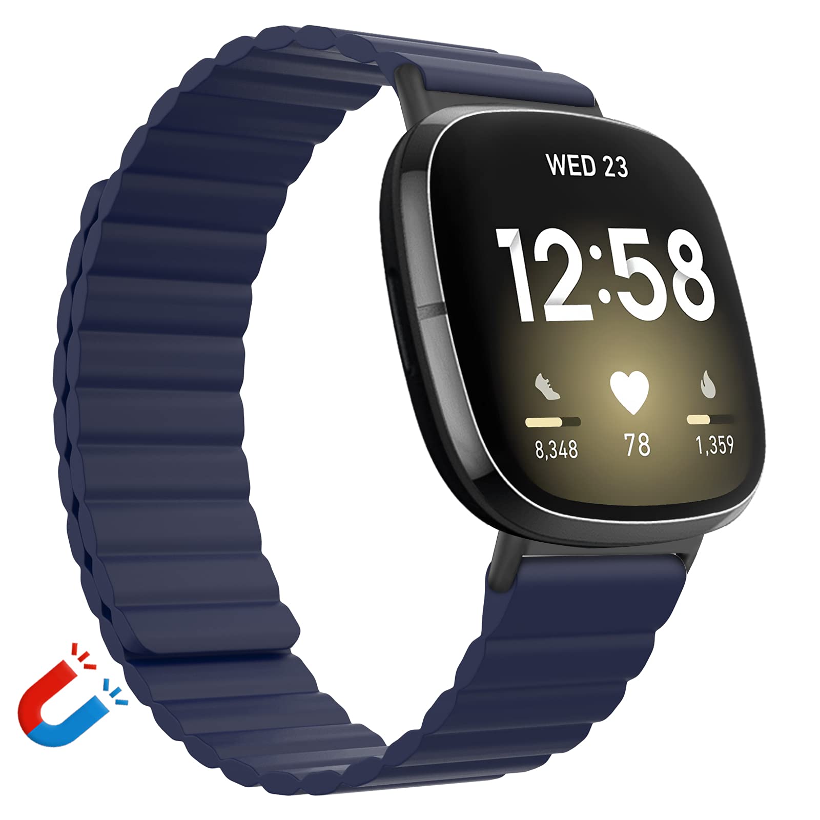 Premium Silicone Magnetic Bands for Fitbit Versa 3 & Sense - Adjustable Magnetic Closure Strap for Women & Men (Large, Navy Blue) | Workout, Running & Daily Activity Tracker Accessory