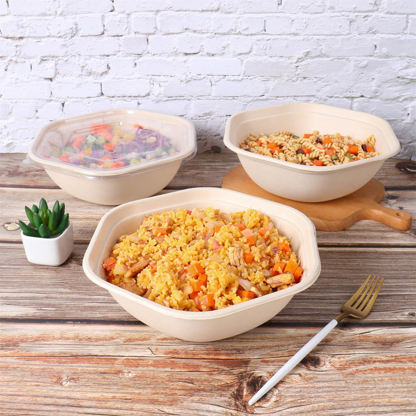 47 oz Eco-Friendly Disposable Salad Bowls with Lids - 20 Pack Sugarcane Fiber Takeout Containers, Microwave & Freezer Safe, BPA-Free Compostable Bowls for Parties, Picnics & Meal Prep