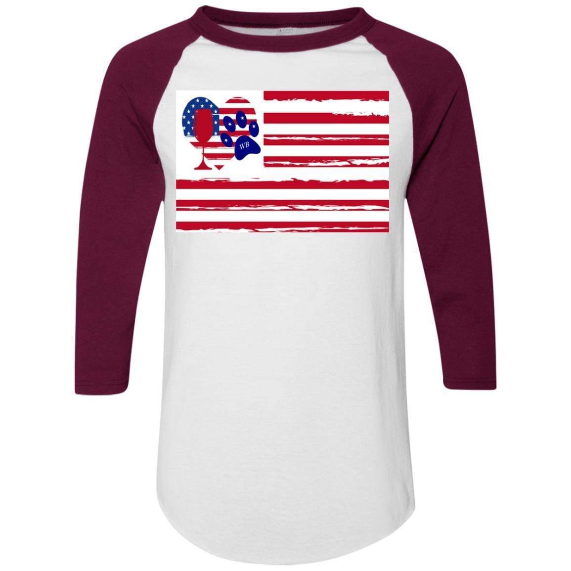 American Flag Wine Paw Heart Colorblock Raglan Jersey - Patriotic Comfort Wear for Casual Outings & Wine Tasting Events