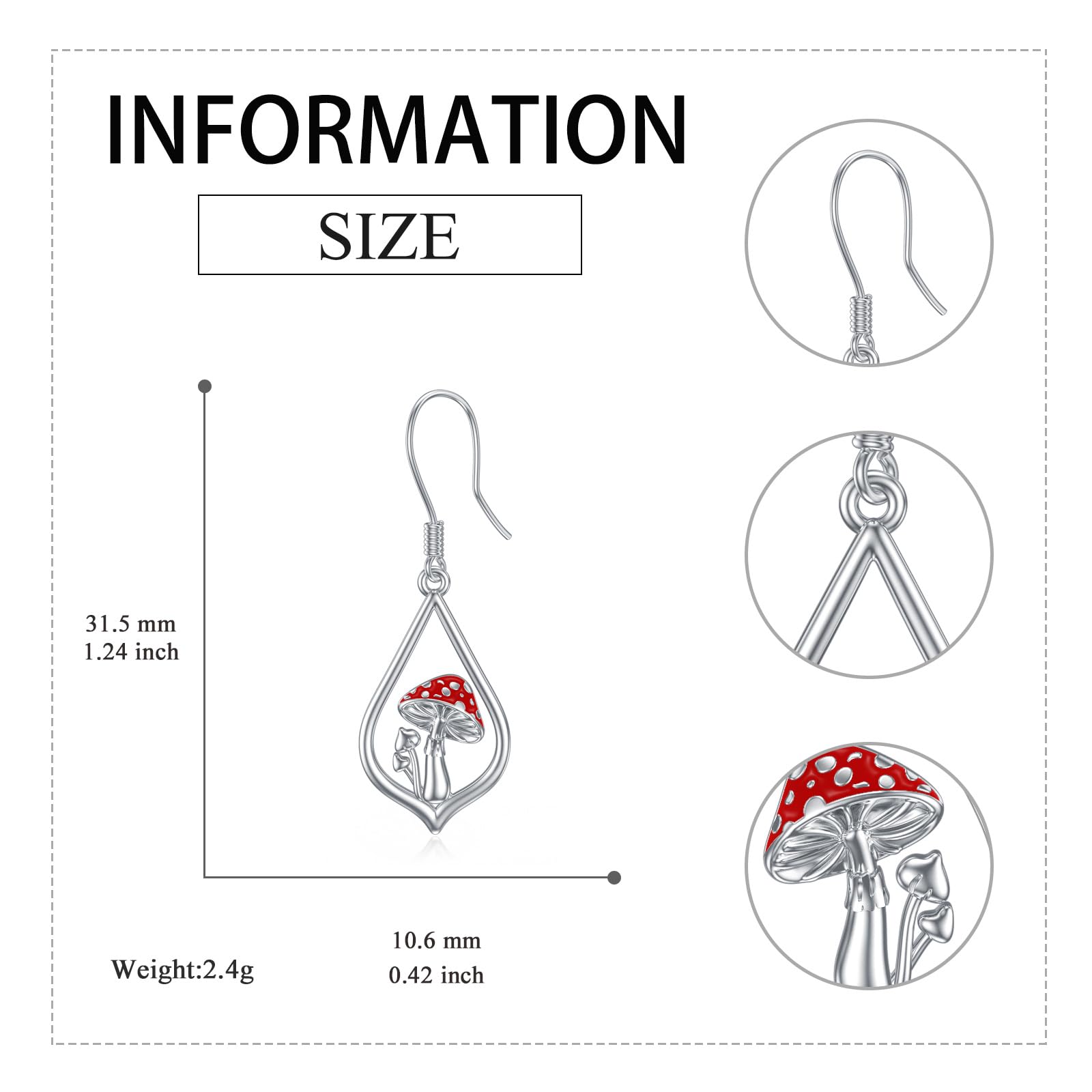 VONALA Sterling Silver Magical Mushroom Dangle Earrings for Women - Red Mushroom Drop Earrings, Unique Mushroom Jewelry Gifts for Women, Teens & Girls (Perfect for Birthday, Festival & Boho Fashion Accessories)