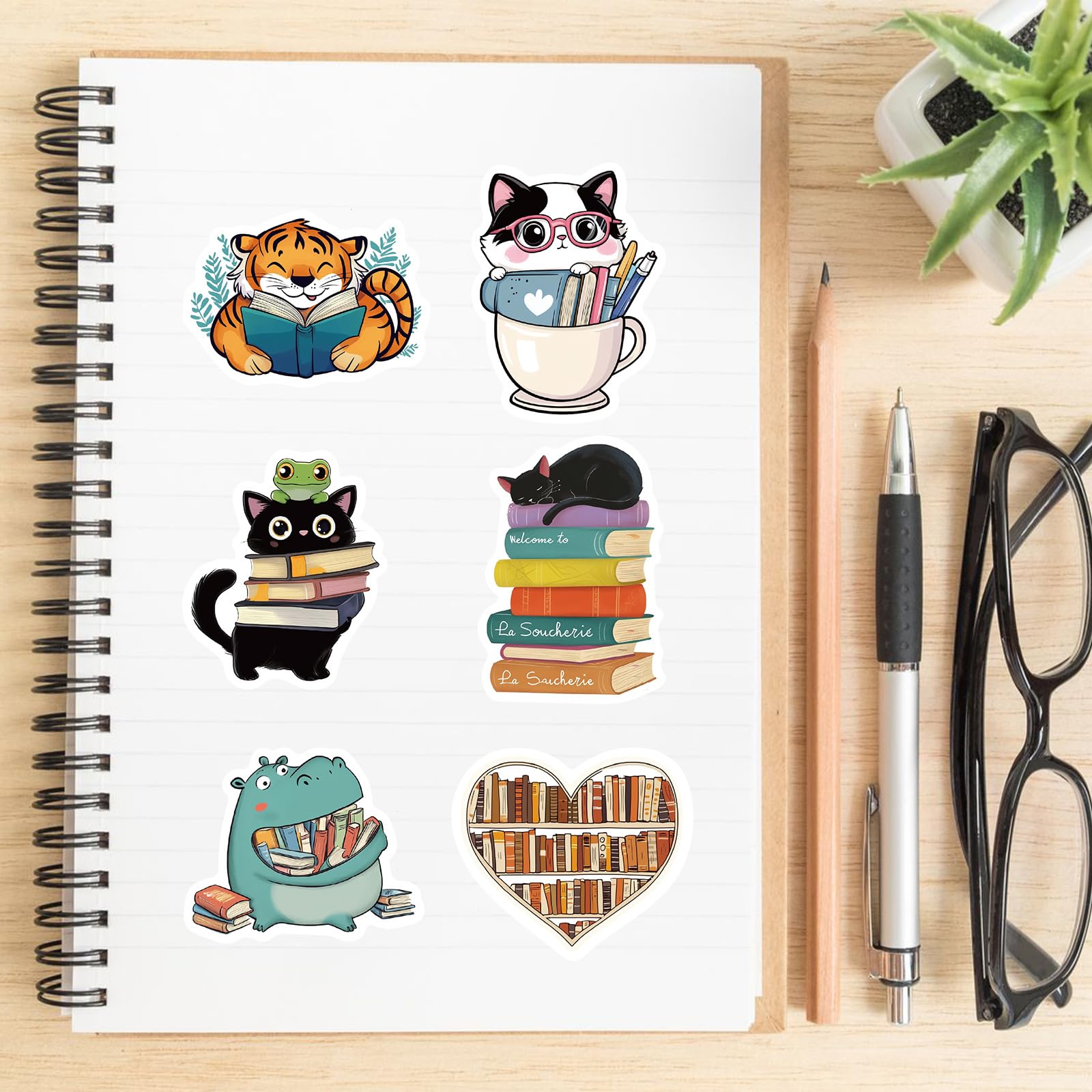 50-Piece Bookish Animal Reading Stickers Set - Cute Inspirational Quote Decals for Book Lovers, Perfect for Journals, Laptops, Scrapbooking & Kindle Covers - Great Gift for Readers & Students