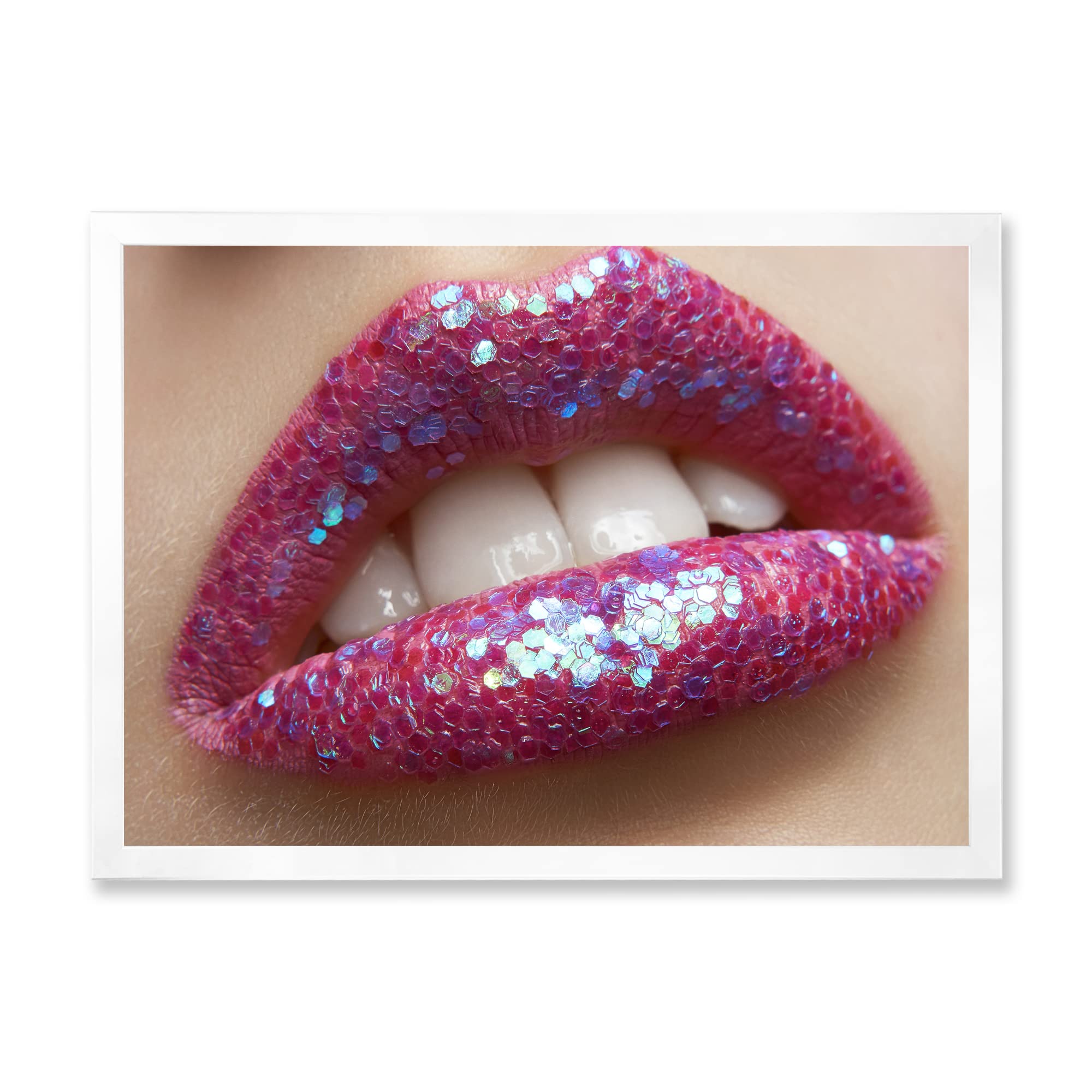 Pink Lipstick and Sequins Modern Framed Wall Art for Women - Elegant Home Decor for Living Room, Bedroom & Office