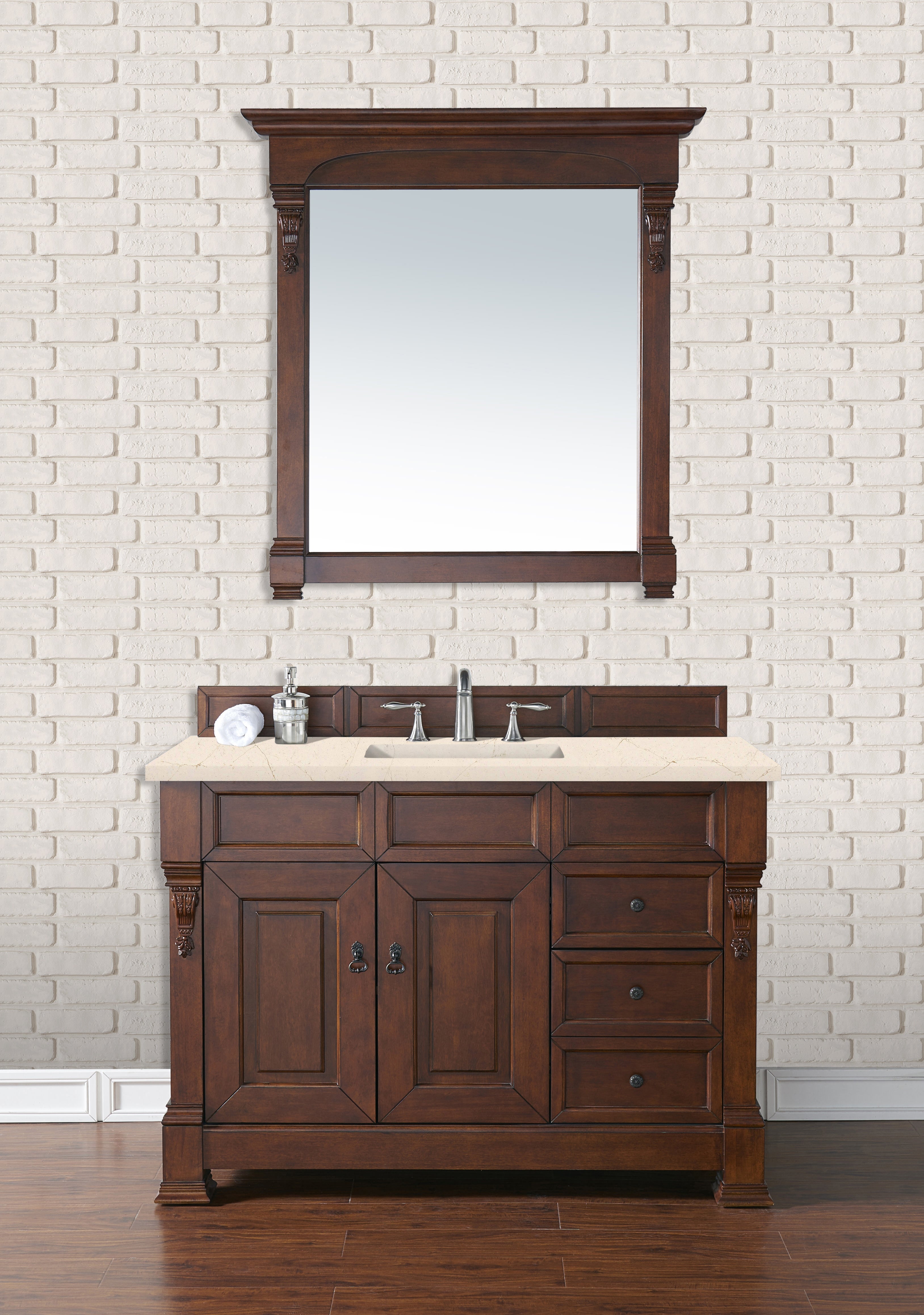 Brookfield 48 Inch Single Bathroom Vanity with Warm Cherry Finish & 3CM Eternal Marfil Quartz Countertop - Perfect for Modern Master Bathrooms and Guest Bath Remodels