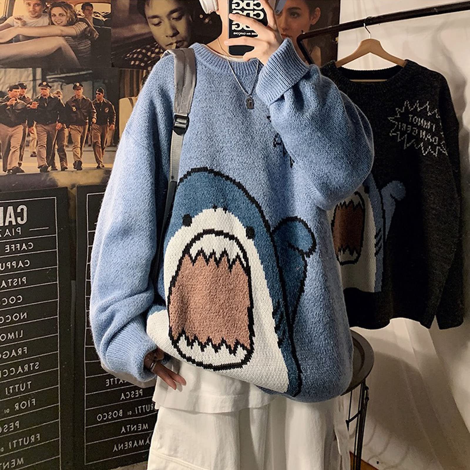 Korean Cartoon Shark Sweater for Men & Women - Loose Fit Casual Pullover - Perfect for Anime Fans, Streetwear & Cozy Winter Outfits