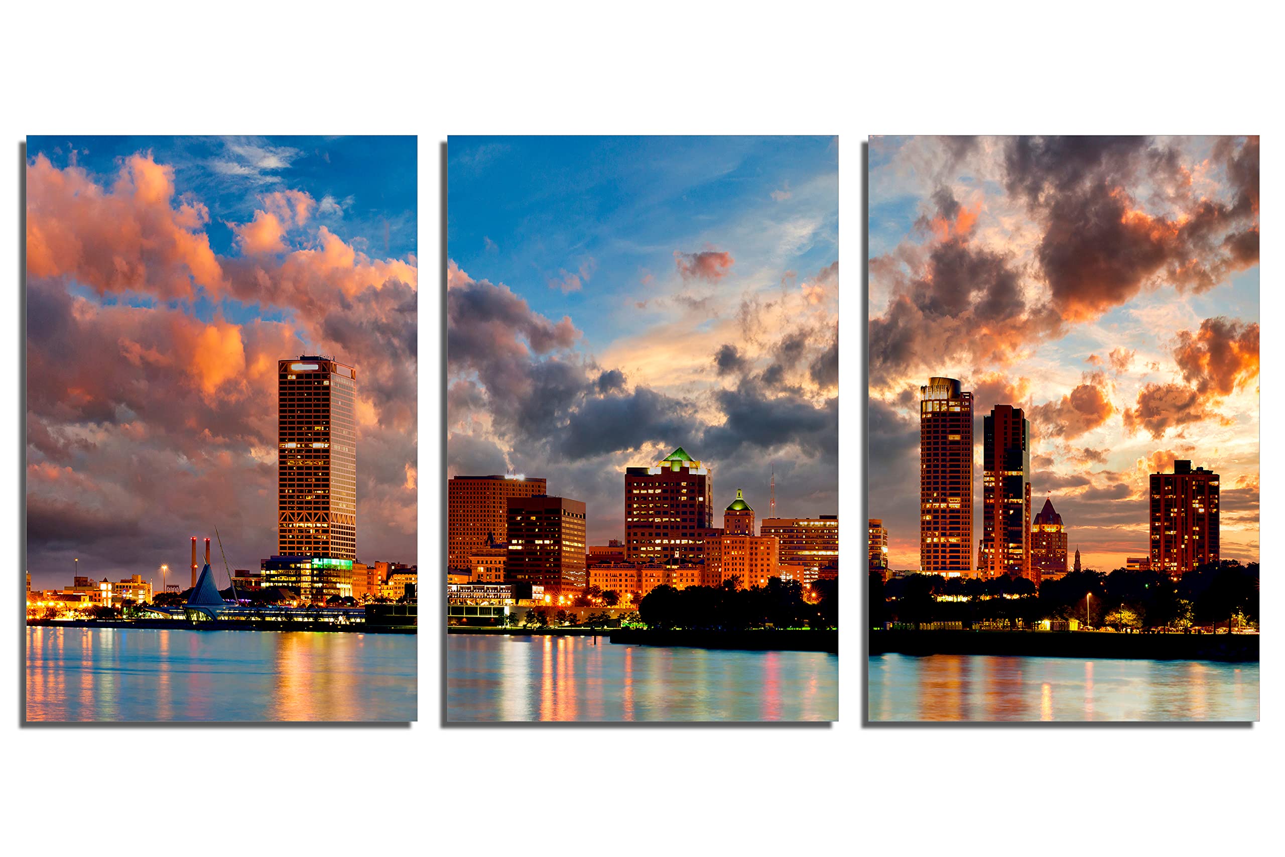 Milwaukee Skyline Wall Art - 48 x 24 Inch 3 Panel Split Canvas Metal Print | Wisconsin Cityscape Decor for Home & Office | Perfect Living Room, Bedroom or Office Wall Decor