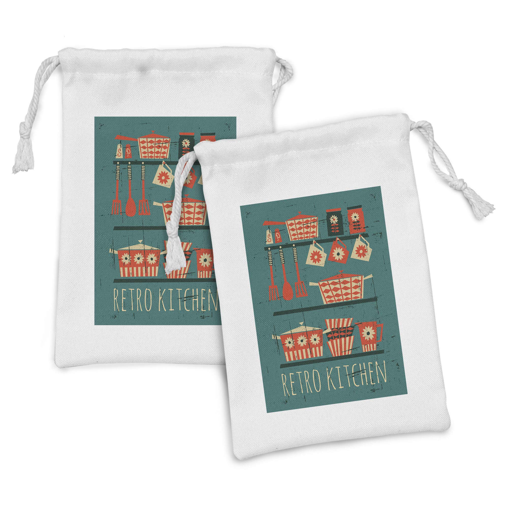 Ambesonne Grunge Fabric Pouch Set of 2 - Retro Kitchen Design with Pots & Jars Utensils Print - Small Drawstring Bag for Toiletries, Masks, Jewelry & Travel Essentials - 9