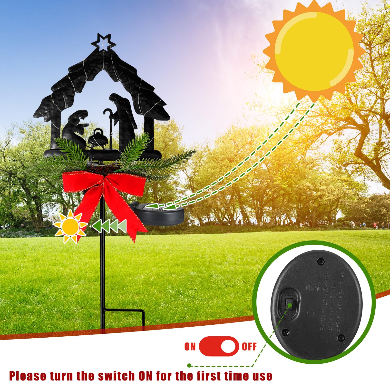 2 Pack Christmas Solar Stake Lights - Nativity Scene LED Outdoor Decor with Poinsettia Flowers, Waterproof Metal Yard Stakes for Garden, Lawn & Pathway (Perfect for Holiday Family Gatherings & Nighttime Display)