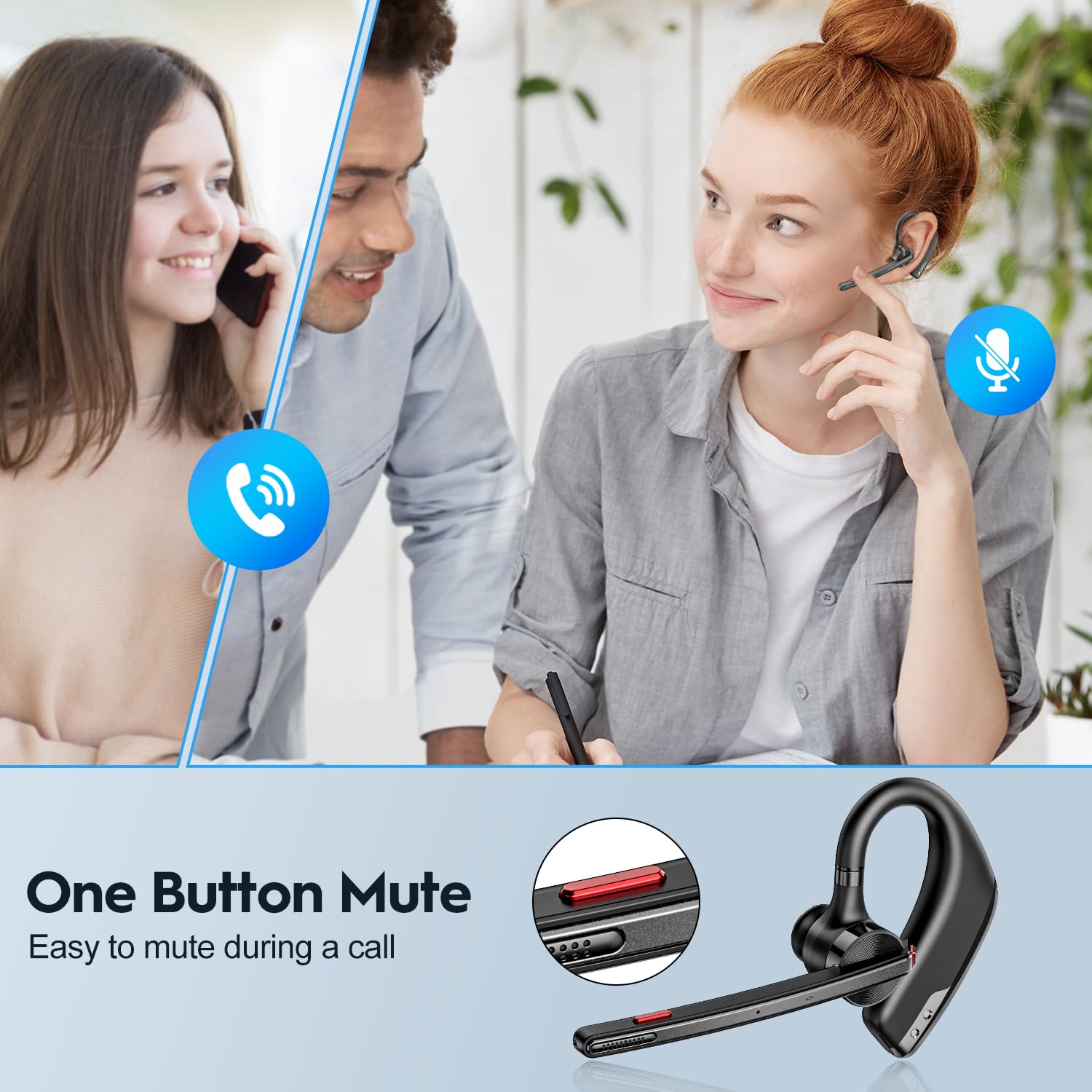 Wireless Bluetooth Earpiece V5.2 with 500mAh Charging Case - 80H Playtime, Dual Mic Noise Cancelling Hands-Free Headphones for Phone Calls, Office, Driving & Commuting | Compatible with iPhone & Android Devices