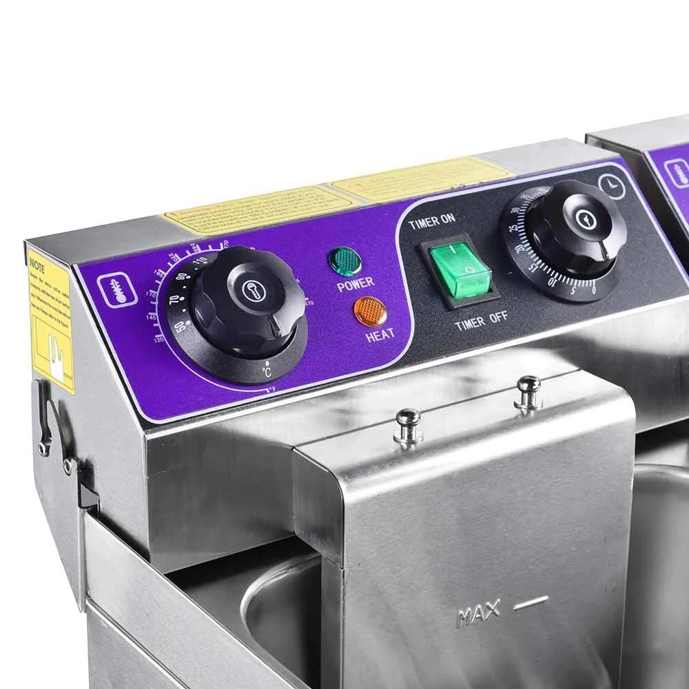 Commercial Grade 20L Dual Tank Stainless Steel Electric Deep Fryer with Drain Timer & Baskets - Perfect for Restaurants, Food Trucks and Large Family Gatherings