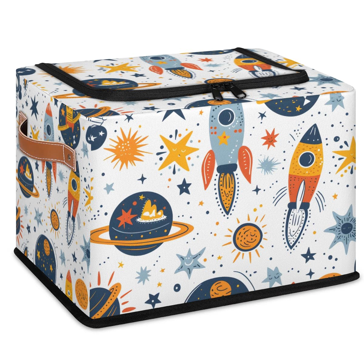 Bright Rocket Storage Boxes with Sturdy Handles - 2 Pack Zippered Storage Bins for Clothes, Toys & Home Organization - Durable Fabric Storage Baskets with Zipper Lid for Bedroom, Closet & Nursery Organization