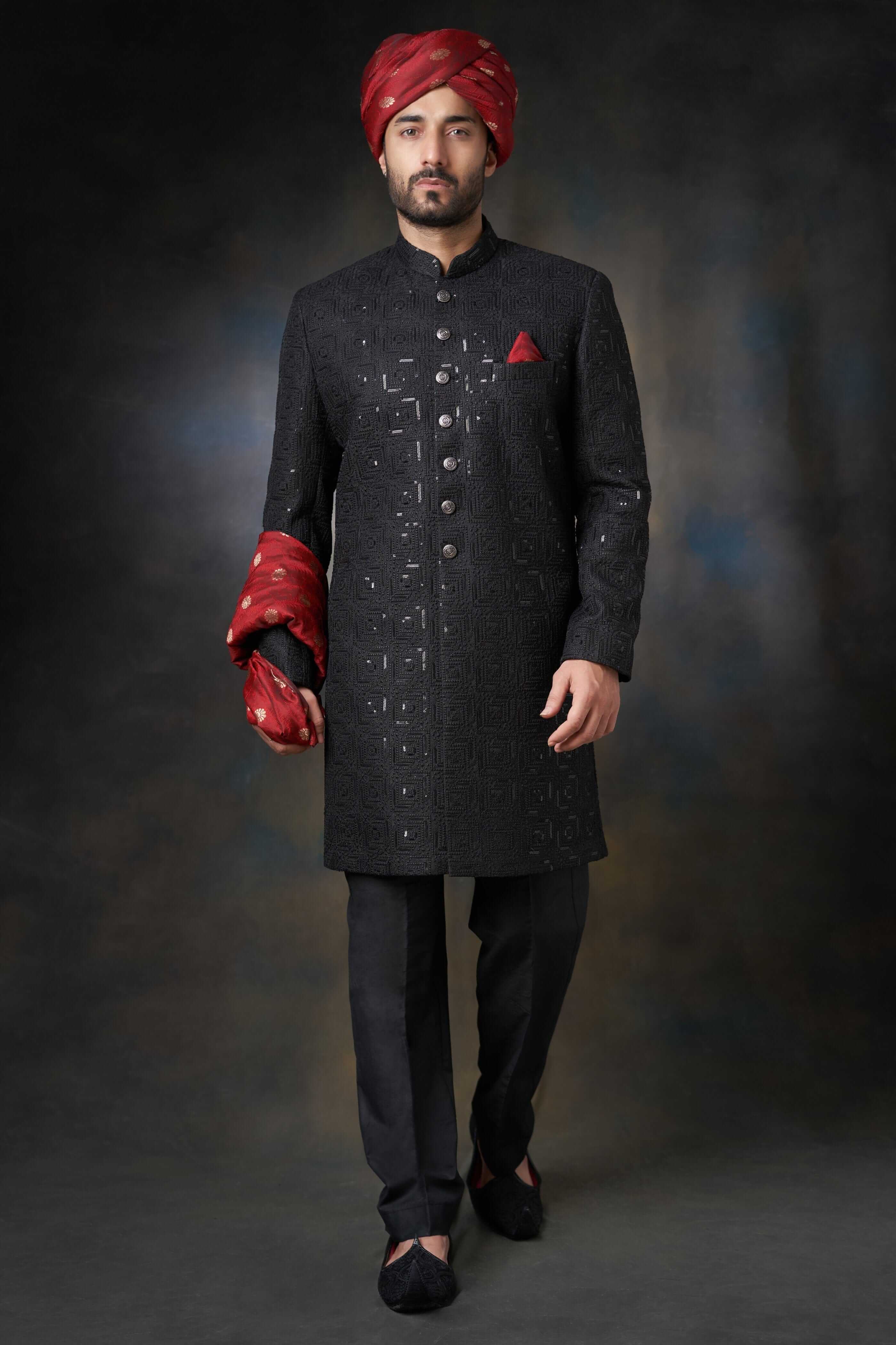 Elegant Jet Black Short Sherwani for Men with Sequins Detailing - Perfect for Weddings, Festivals & Special Occasions