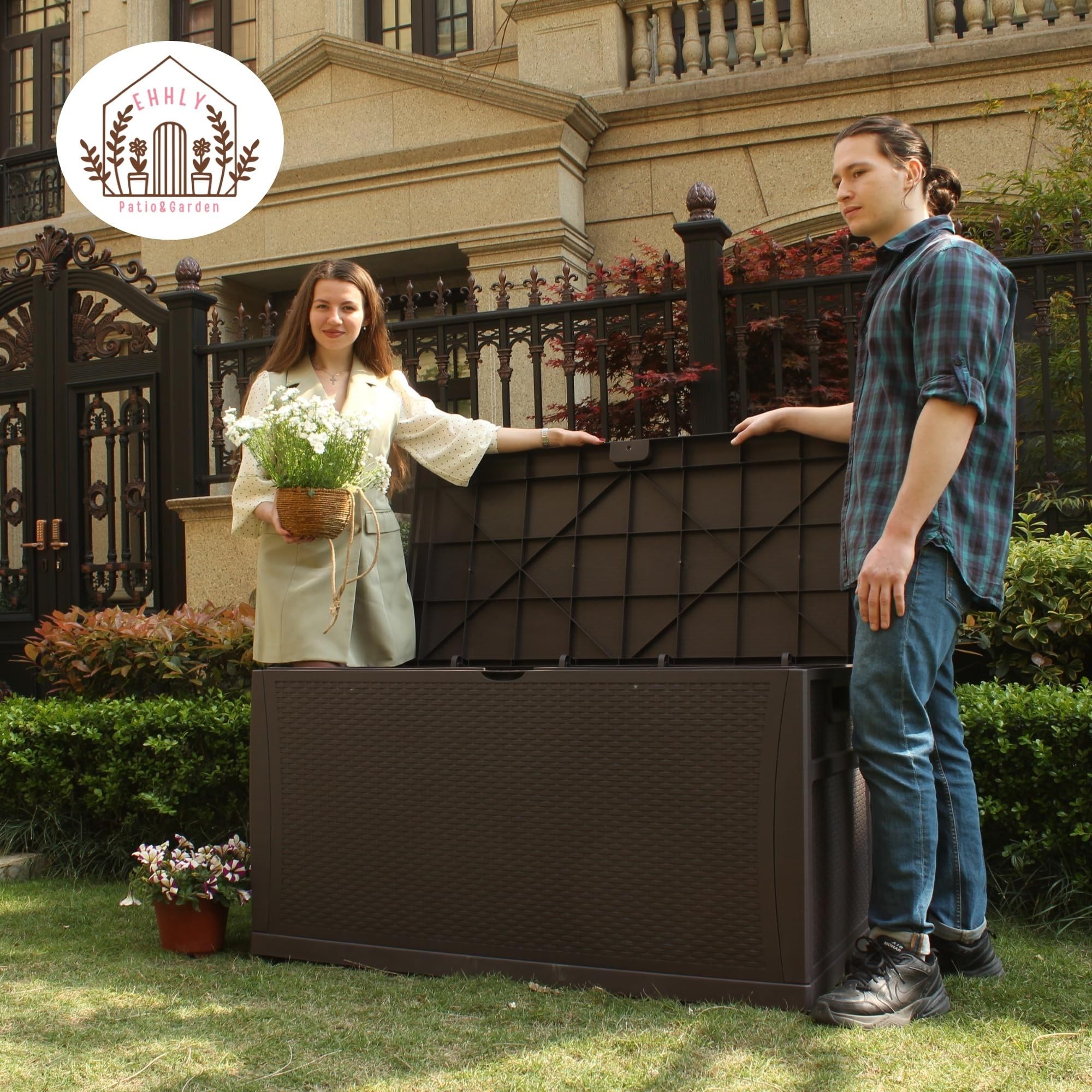 121 Gallon Outdoor Storage Box - Large Lockable Waterproof Deck Box for Patio Cushions, Garden Hoses & Pool Accessories - Durable Resin Rattan Plastic Design - Perfect for Backyard, Deck & Poolside Storage (Brown)