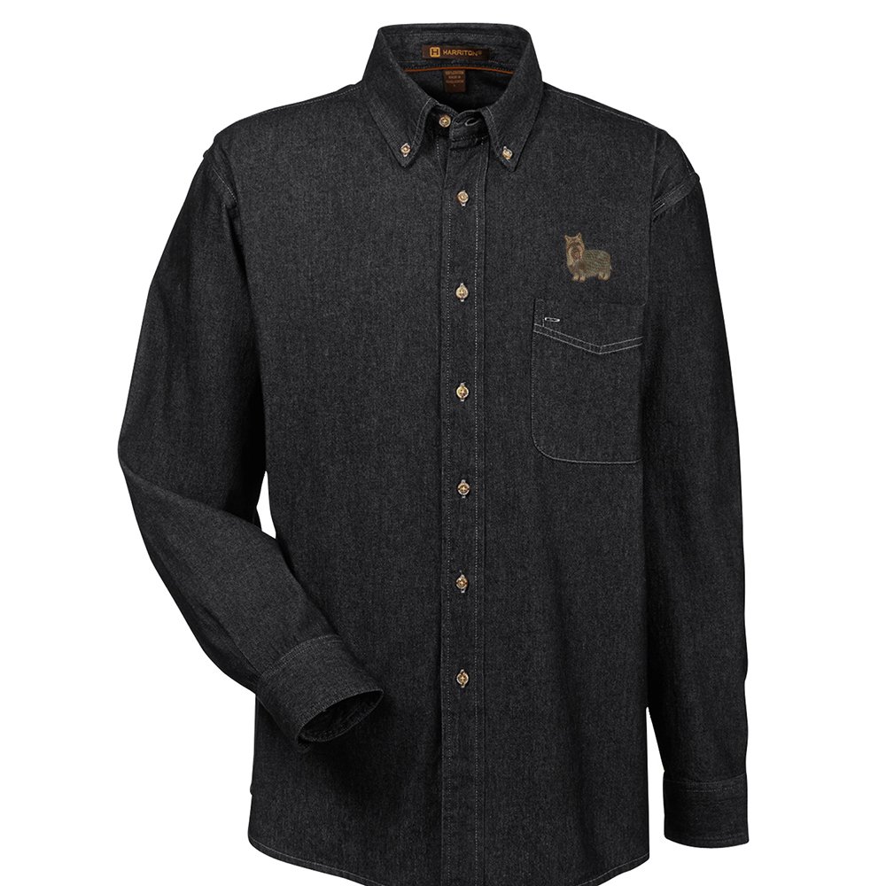 YourBreed Men's Yorkie Embroidered Denim Shirt - 100% Cotton Casual Button Down Shirt for Men - Perfect for Casual Wear, Outdoor Activities & Dog Lover Gifts
