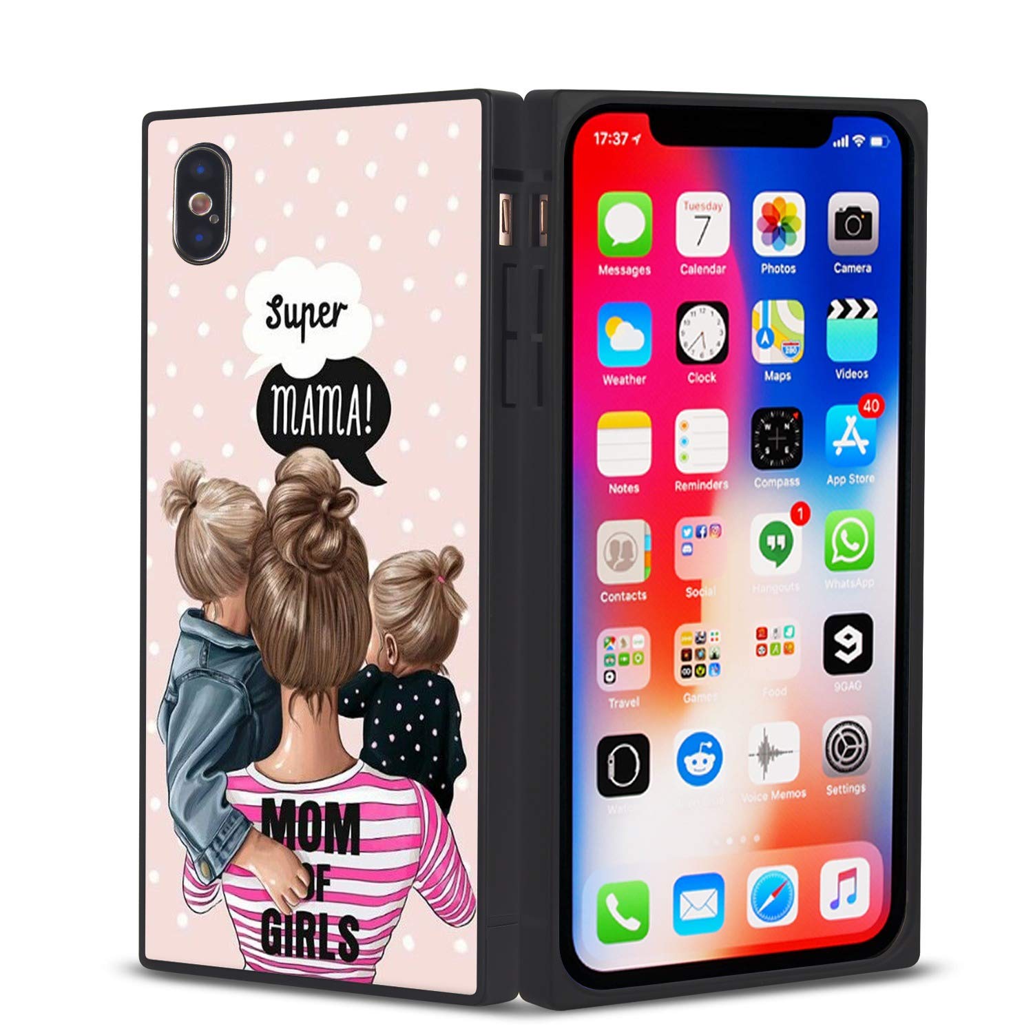 Shockproof iPhone Xs/X/10 Case - Heavy Duty TPU Silicone Protective Cover with Rectangle Design in Black | Perfect for Active Moms, Outdoor Activities & Everyday Protection