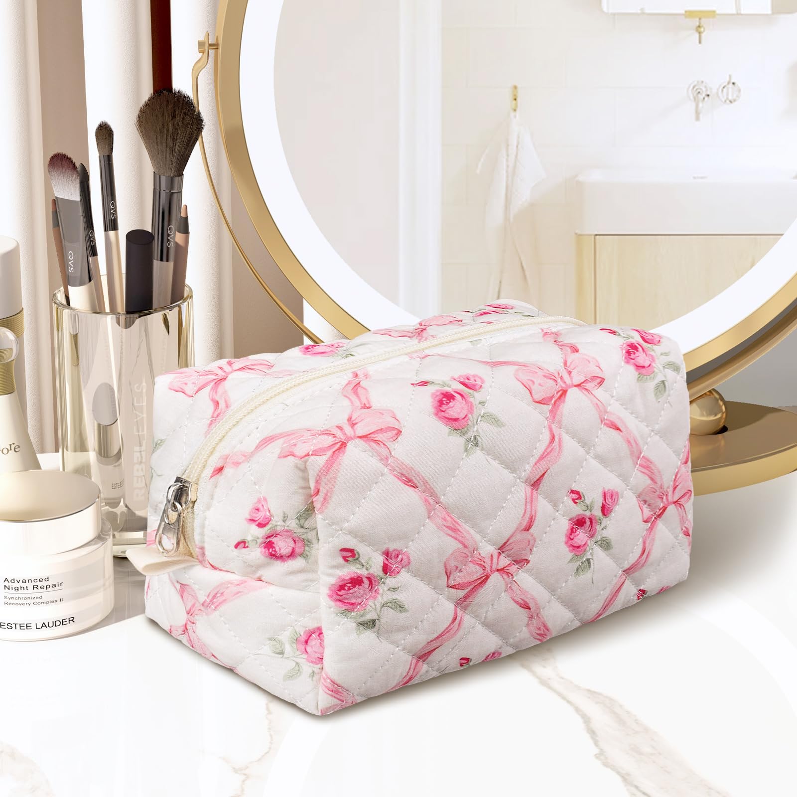 Quilted Makeup Bag for Women - Small Floral Travel Cosmetic Pouch with Brush Storage | Perfect for Travel, Gym & Daily Organizer | Cotton Makeup Organizer Bag