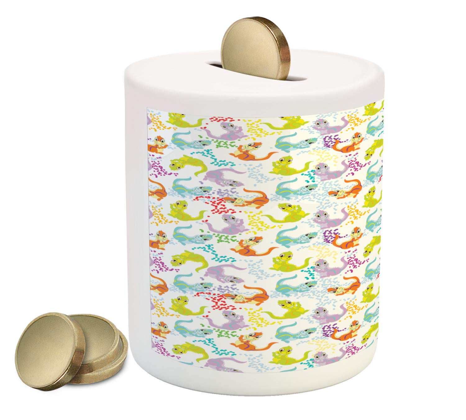 Ambesonne Dragon Piggy Bank - Ceramic Coin Bank with Happy Friendly Dragons Cartoon Design, 3.6