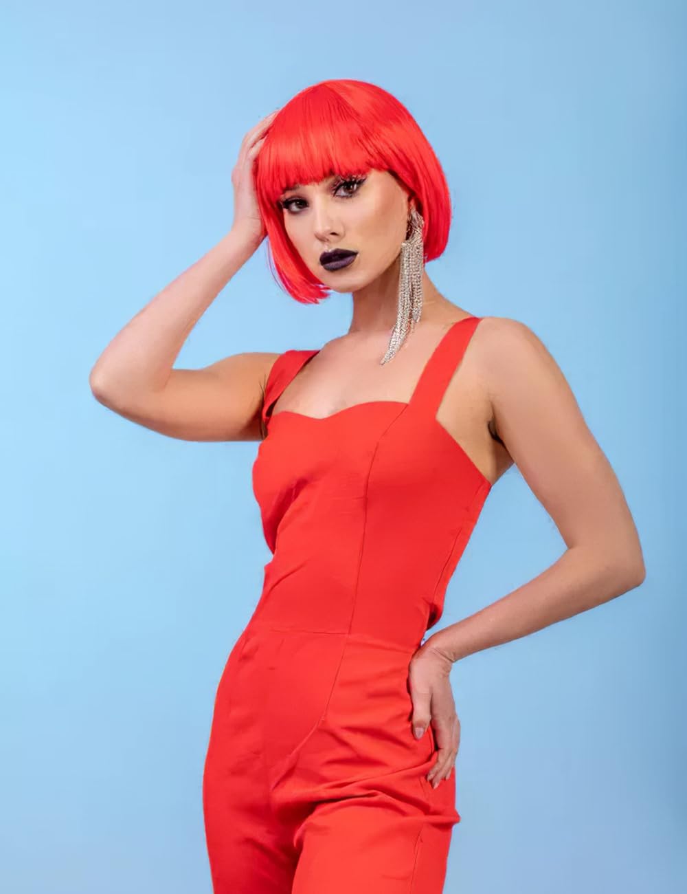 Stylish Red Bob Wig with Fringe & Sunglasses - Short Red Wigs for Women | Perfect for Cosplay, Halloween Costumes & Fashion Accessories