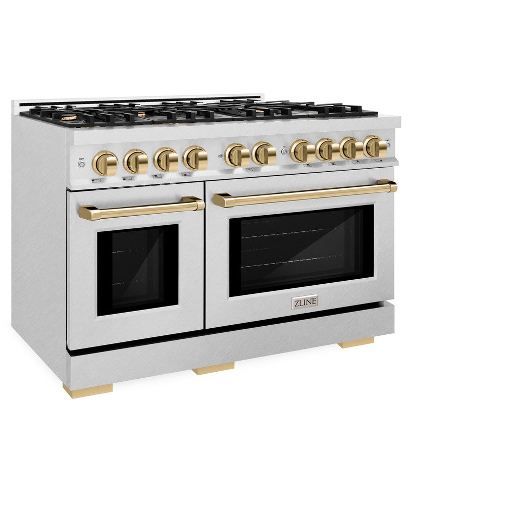 ZLINE Autograph Edition 48-Inch 6.7 cu. ft. Professional Double Oven Gas Range with 8-Burner Cooktop in Satin Stainless Steel & Polished Gold Accents (HGRSZ 48 G) - Perfect for Large Kitchens, Gourmet Cooking, and Entertaining