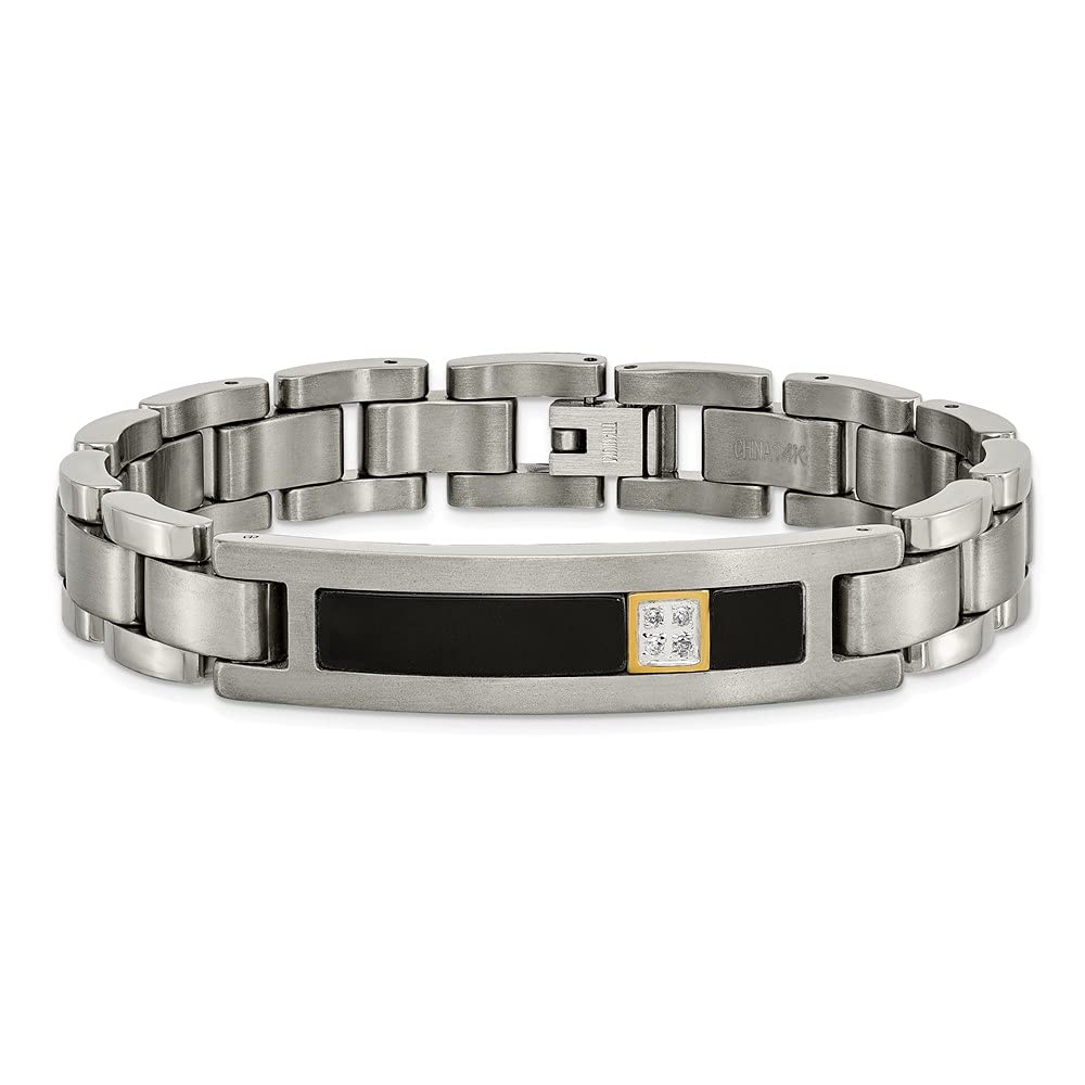 Men's Titanium & 14k Gold Black Onyx Diamond Bracelet - Polished & Brushed Finish - 8.75