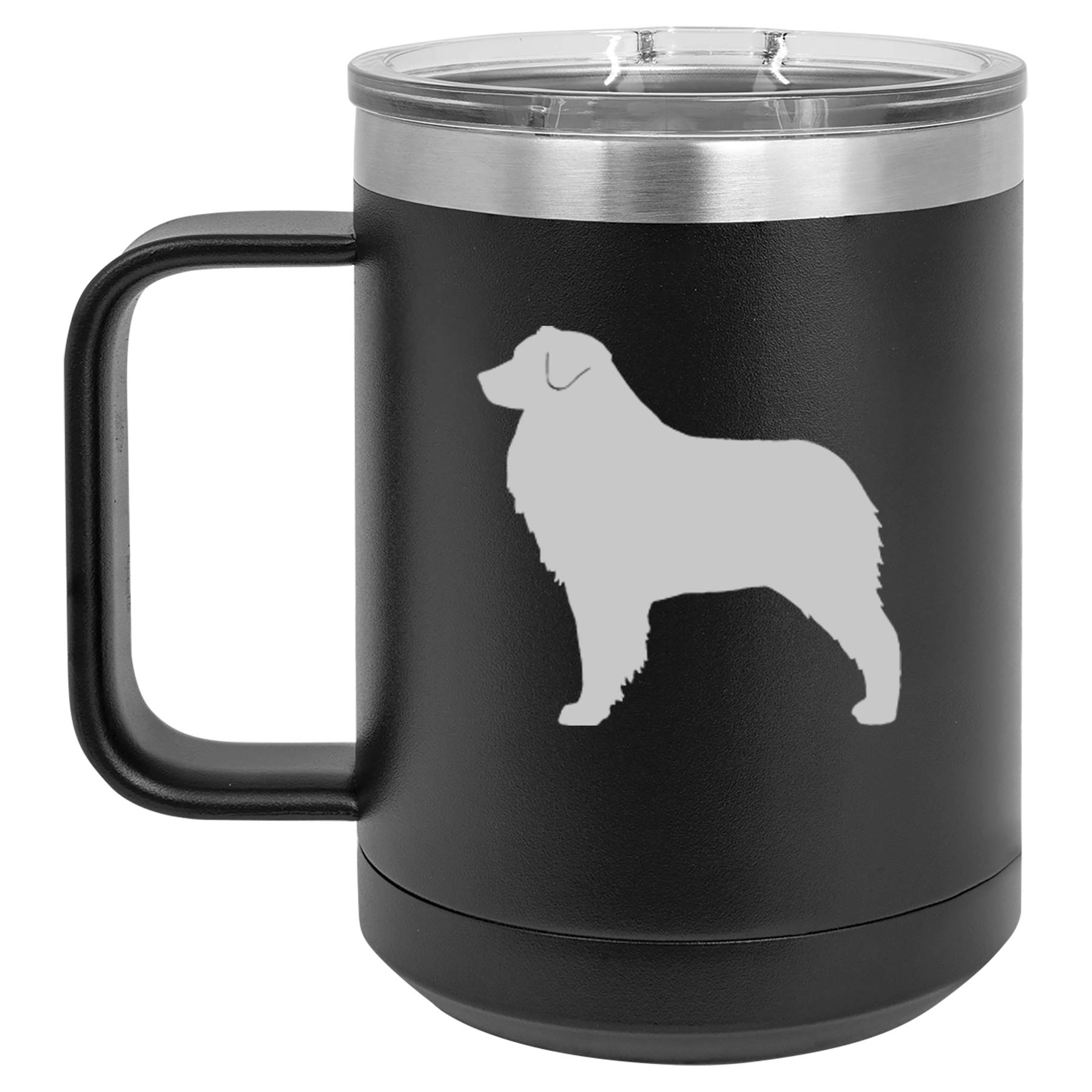 15 oz Vacuum Insulated Stainless Steel Tumbler with Handle & Lid - Leakproof Travel Coffee Mug for Hot & Cold Drinks - Australian Shepherd Design (Black) - Perfect for Office, Commuting, Camping & Outdoor Activities