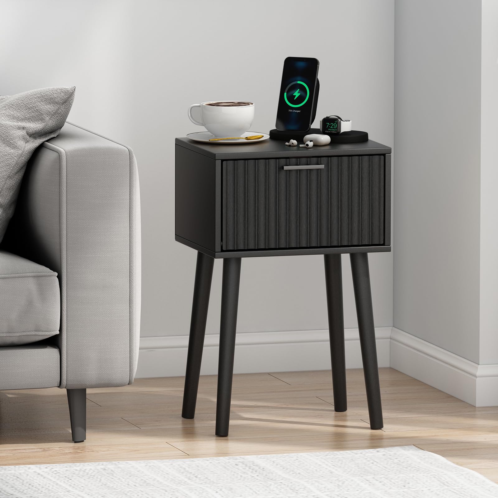 LAATOOREE Nightstands Set of 2 - Modern Mid-Century Bedside Tables with Fluted Doors & Solid Wood Feet, Small End Tables for Bedroom, Living Room, or Office (Black) - Perfect for Small Spaces & Home Decor