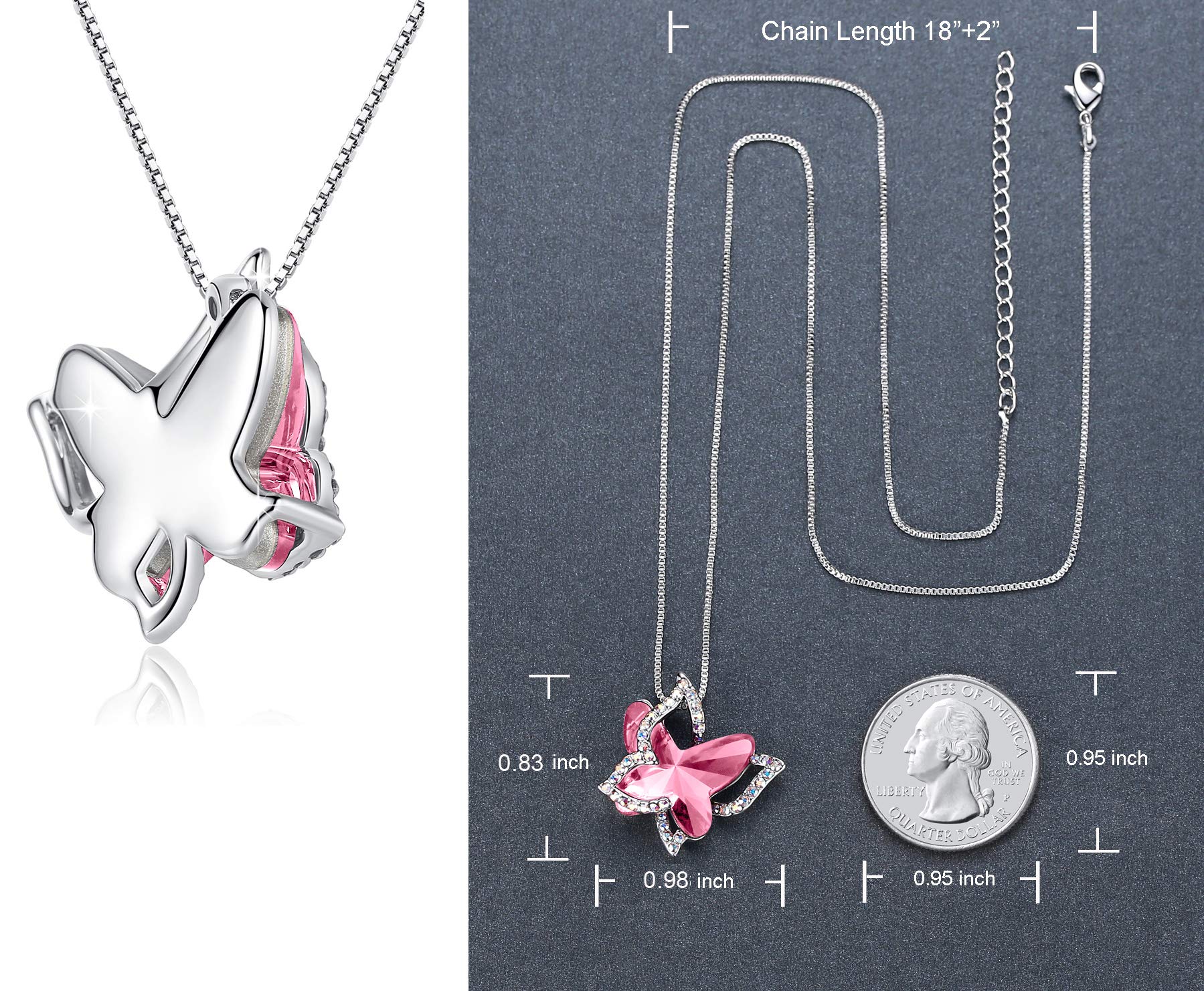 Butterfly Birthstone Crystal Necklace for Women - Sterling Silver Tone with 18