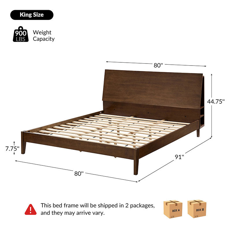 Vivian Solid Wood Queen Platform Bed Frame with USB Ports & Underbed Storage | Modern Minimalist Design for Bedroom, Guest Room, Dorm | Easy Assembly & Sturdy Support