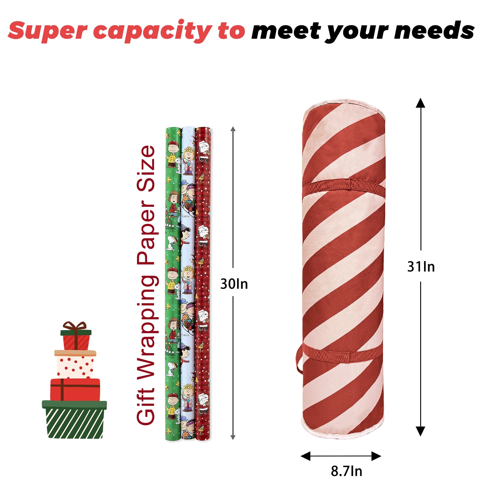 Premium Christmas Wrapping Paper Organizer - Gift Wrap & Holiday Decorations Storage Bag with Round Red Stripe Design - Perfect for Organizing Xmas, Birthday & Party Supplies (Ideal for Home, Office & Craft Room Organization)