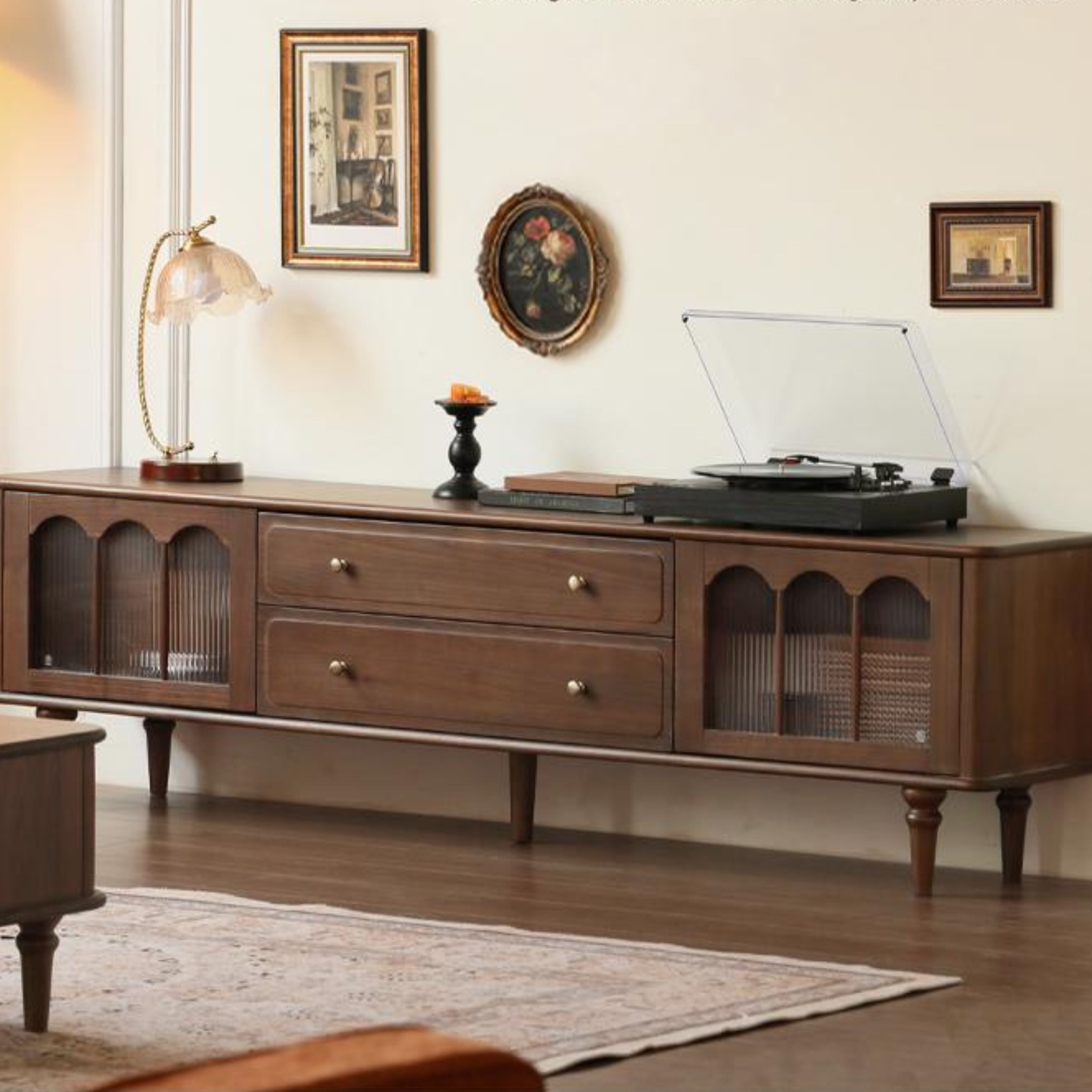 Solid Black Walnut Wood Retro TV Stand - Vintage American Style TV Cabinet for Living Room, Bedroom & Home Theater