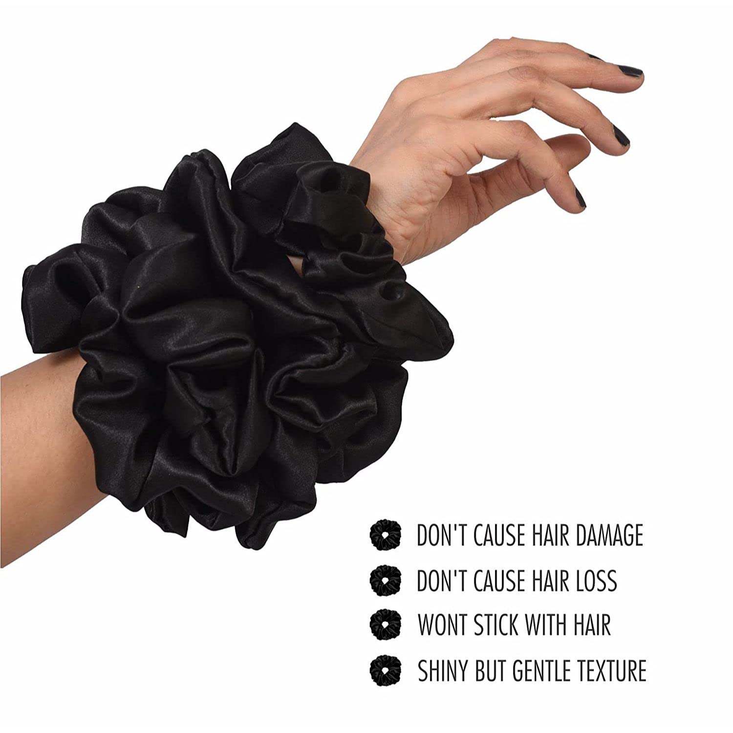 FAMEZA Black Silk Satin Scrunchies for Women & Girls - 6 Pack Jumbo Hair Ties for Thick Hair - Soft & Gentle Hair Accessories for Everyday Use, Work, School and Special Occasions