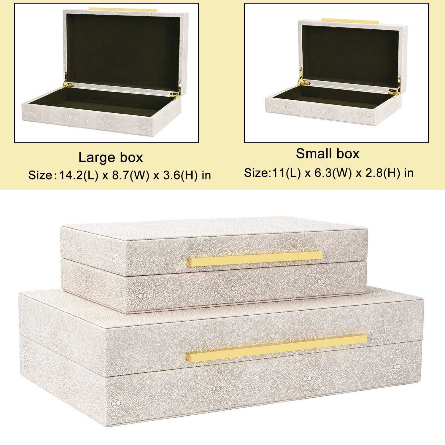 Ivory Shagreen Faux Leather Decorative Storage Box Set of 2 - Large Stackable Jewelry Organizer with Lids for Home Decor, Bedroom & Bathroom Organization