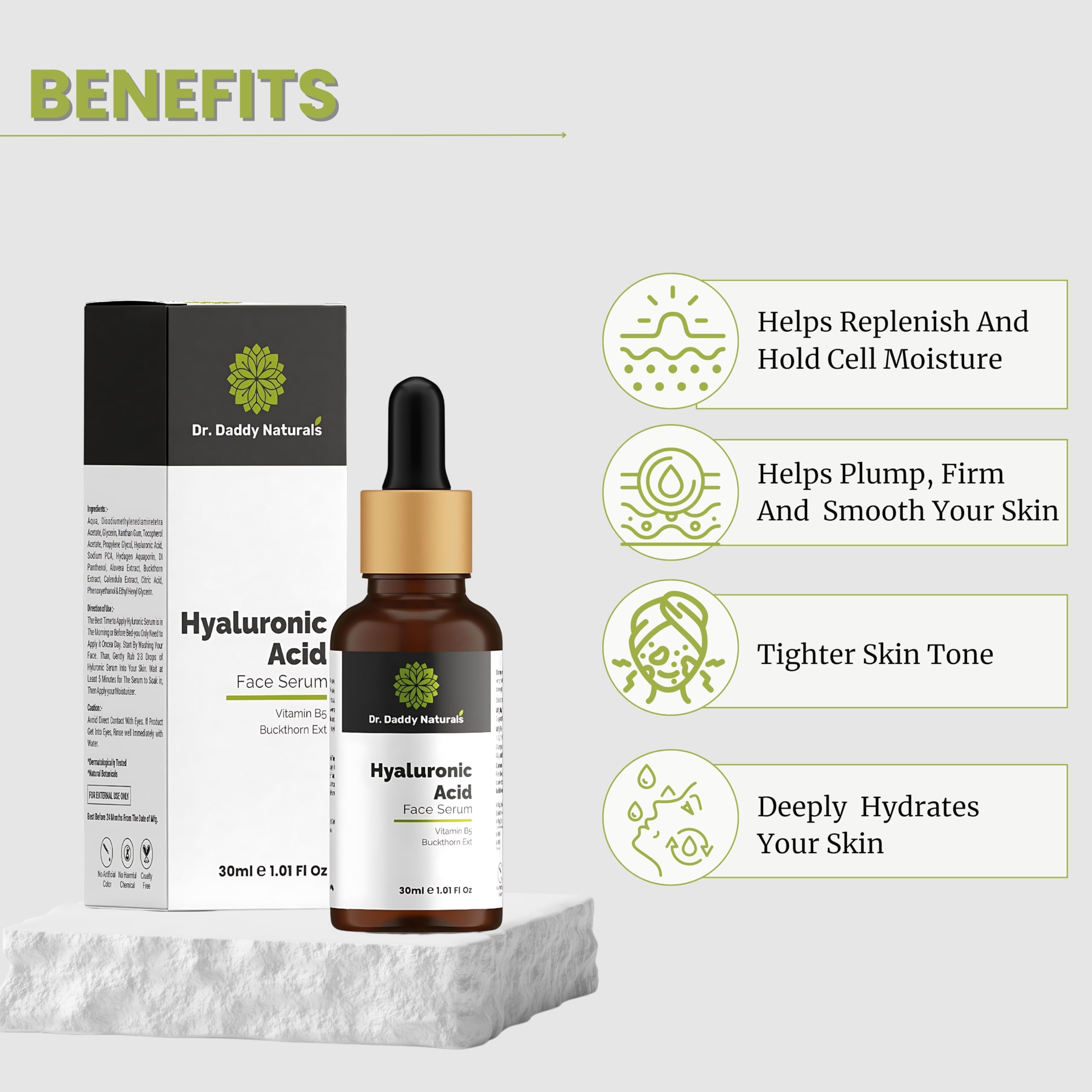 Dr. Daddy Naturals Hydro Boost Hyaluronic Acid Face Serum with Vitamin B5 - Lightweight Hydrating Serum for Fine Lines & Wrinkles, Collagen Boost - Anti-Aging Skincare for Radiant Skin - Fragrance Free 30ml - Perfect for Daily Hydration & Nighttime Skincare Routine