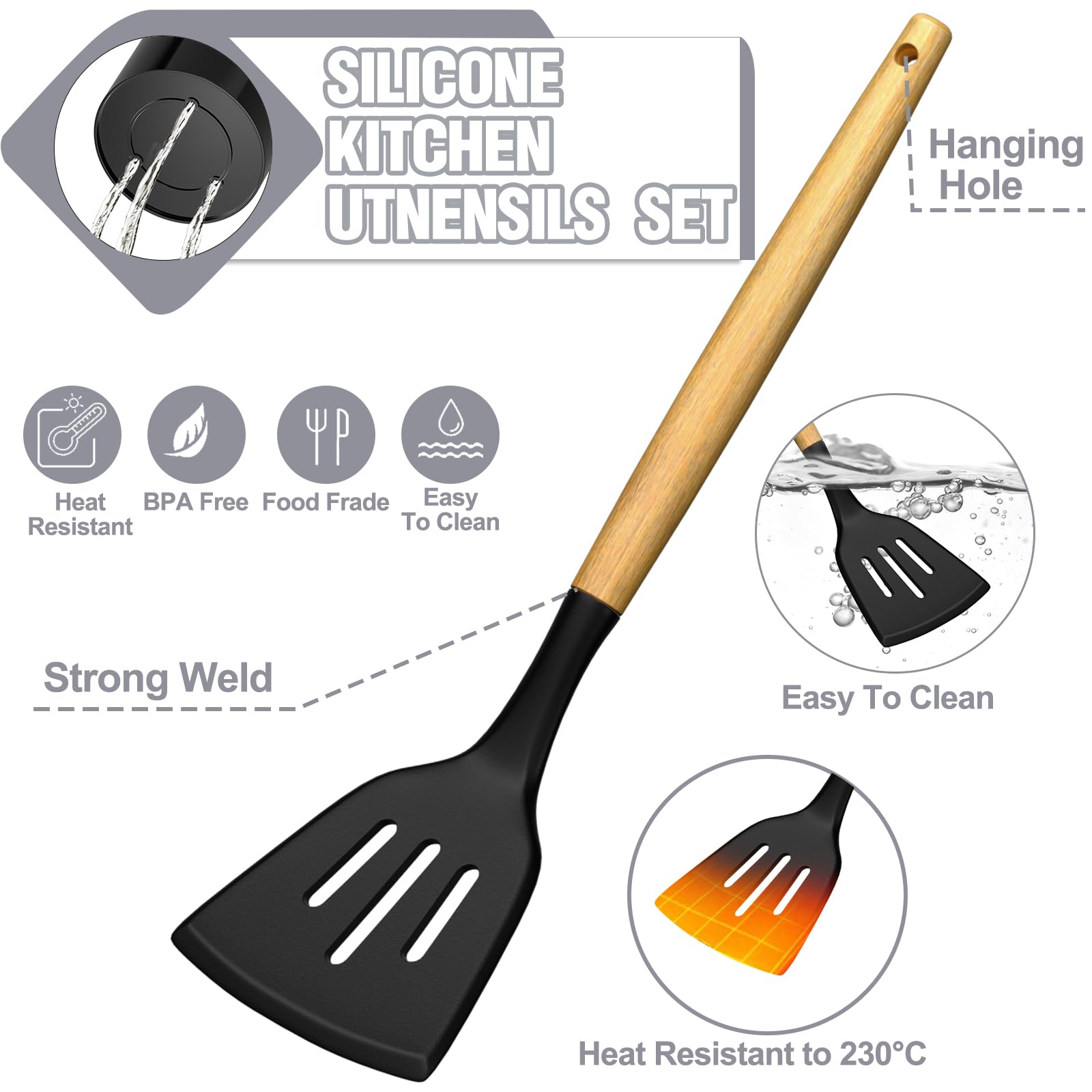 34-Piece Silicone Kitchen Utensil Set with Holder - Heat Resistant Cooking Tools for Nonstick Cookware, Black Wooden Handle Spatulas & Gadgets - Perfect for Baking, Frying & Everyday Cooking